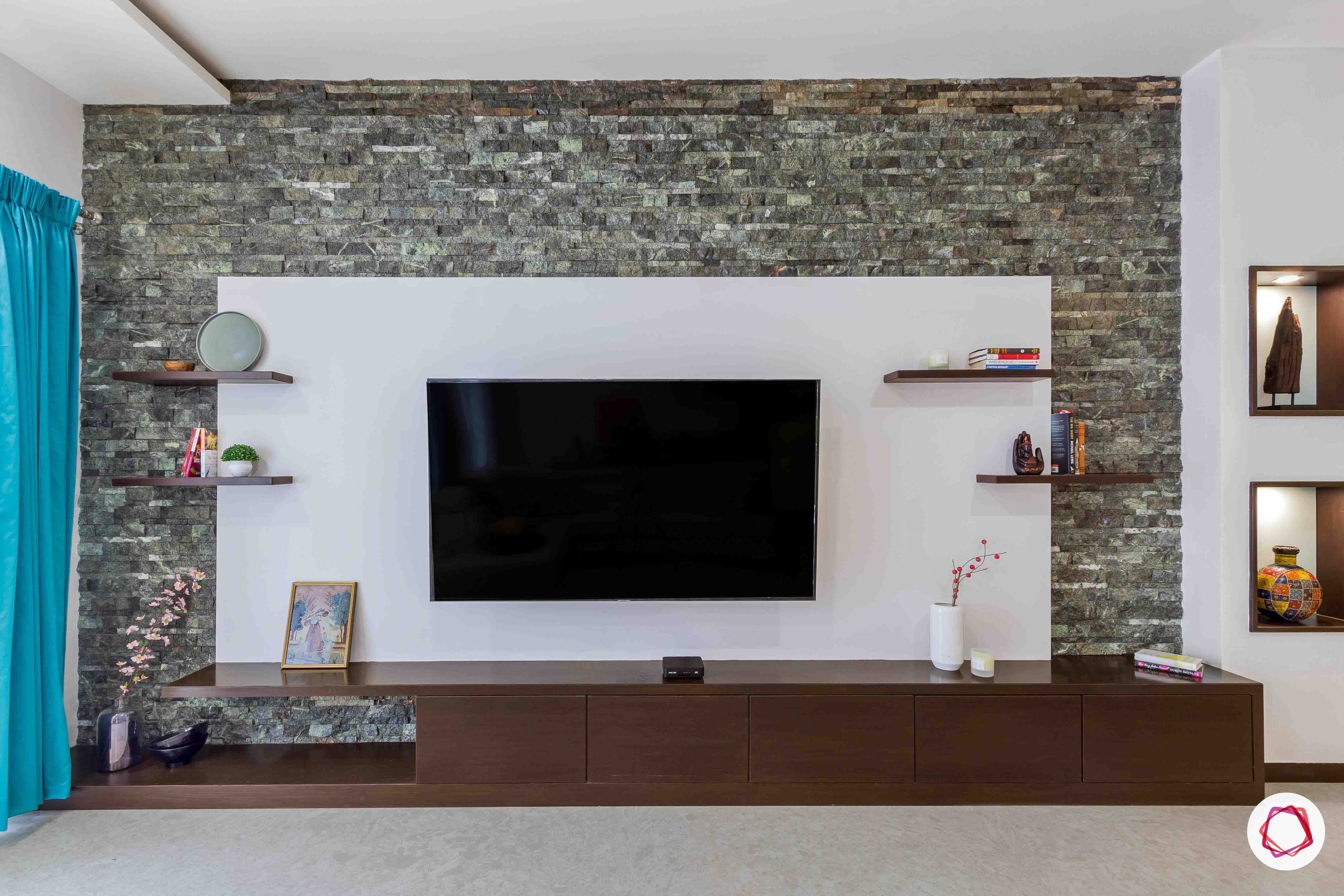 sobha forest view-tv unit-stone wall cladding-wall ledges-wall niches