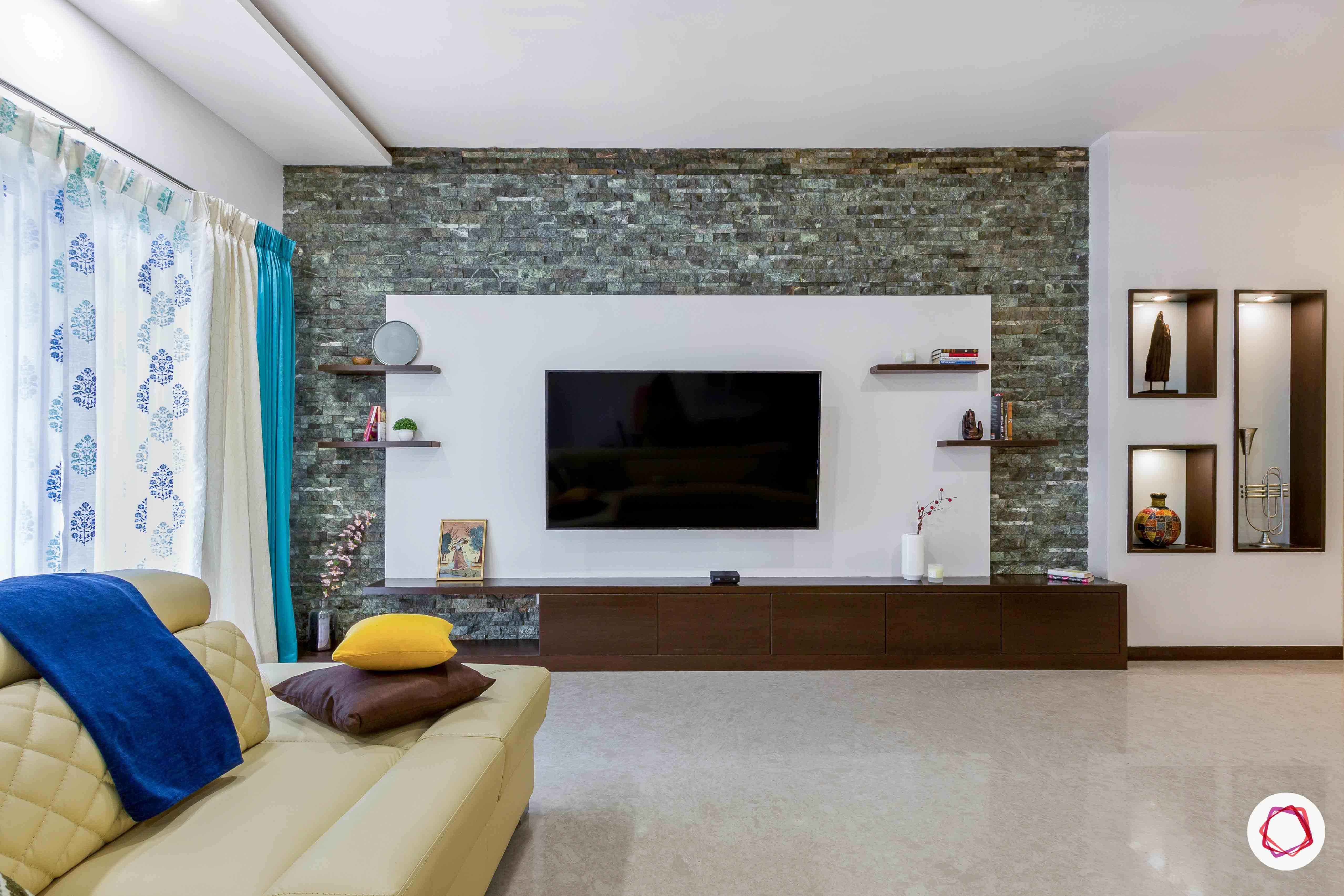 sobha forest view-tv unit-stone wall cladding-pu finish-wall ledges-base storage unit