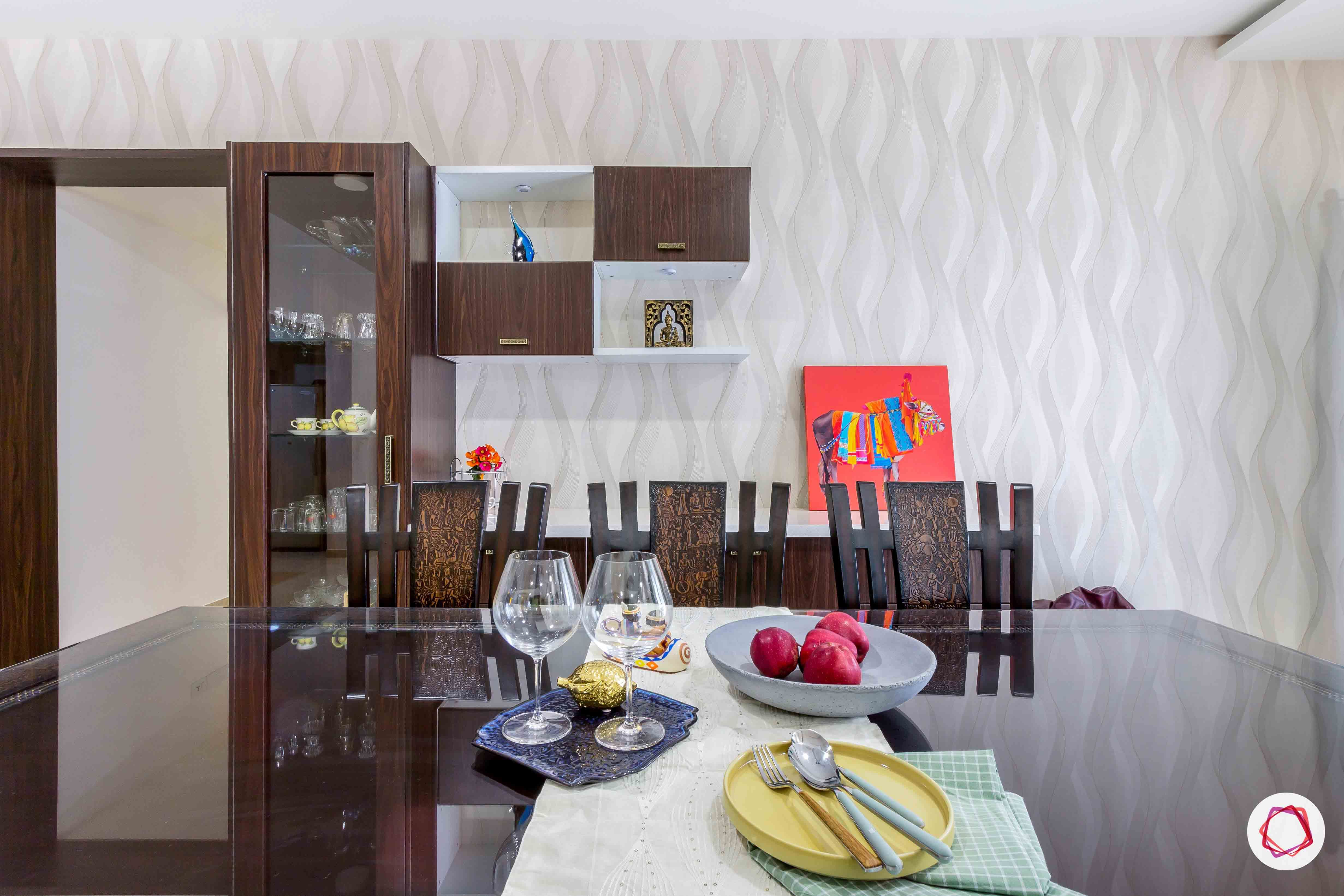 sobha forest view-dining room-pattern wallpaper-crockery unit-cabinets