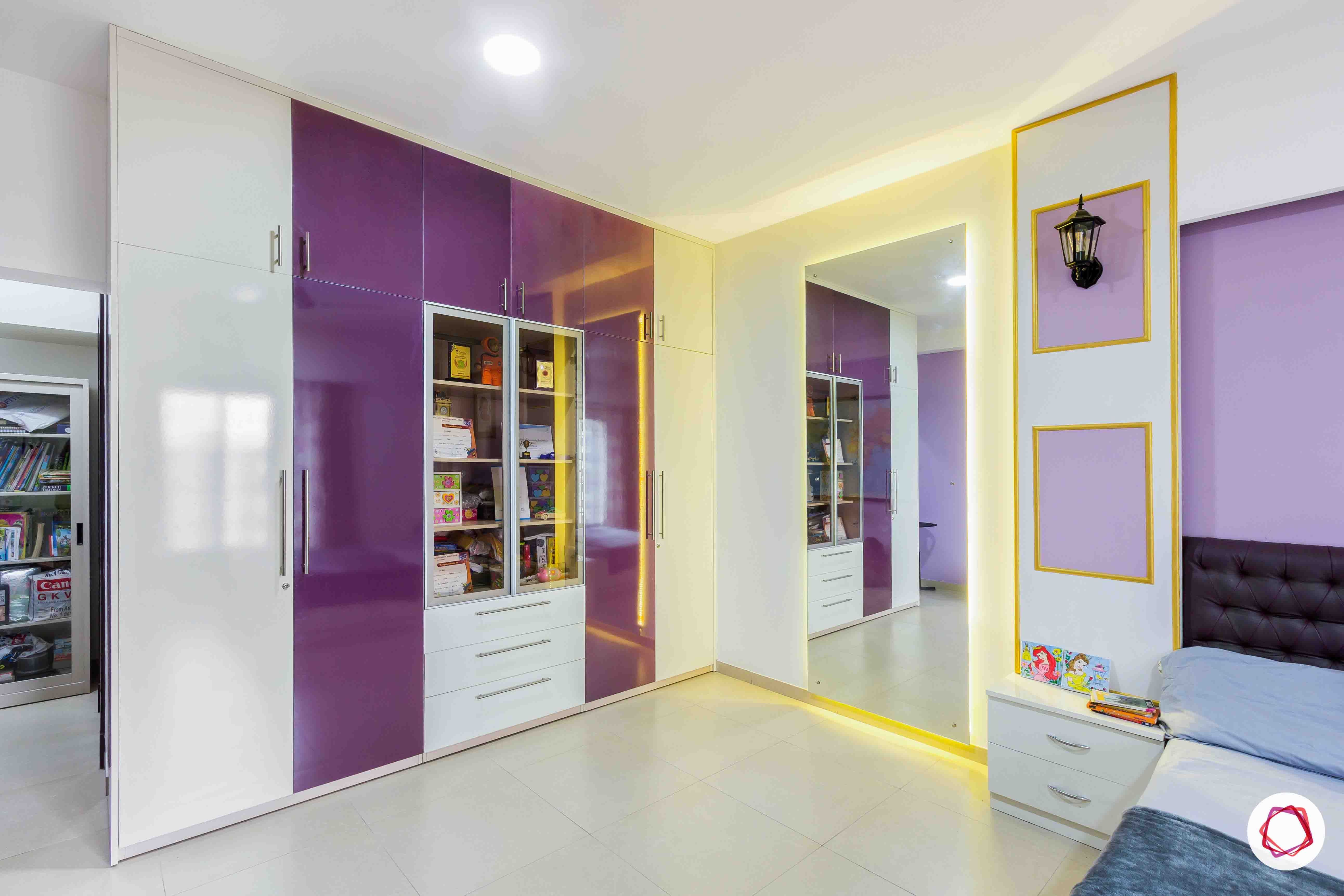 sobha forest view-girls bedroom-purple room-full size mirror-purple-glossy wardrobes-swing door
