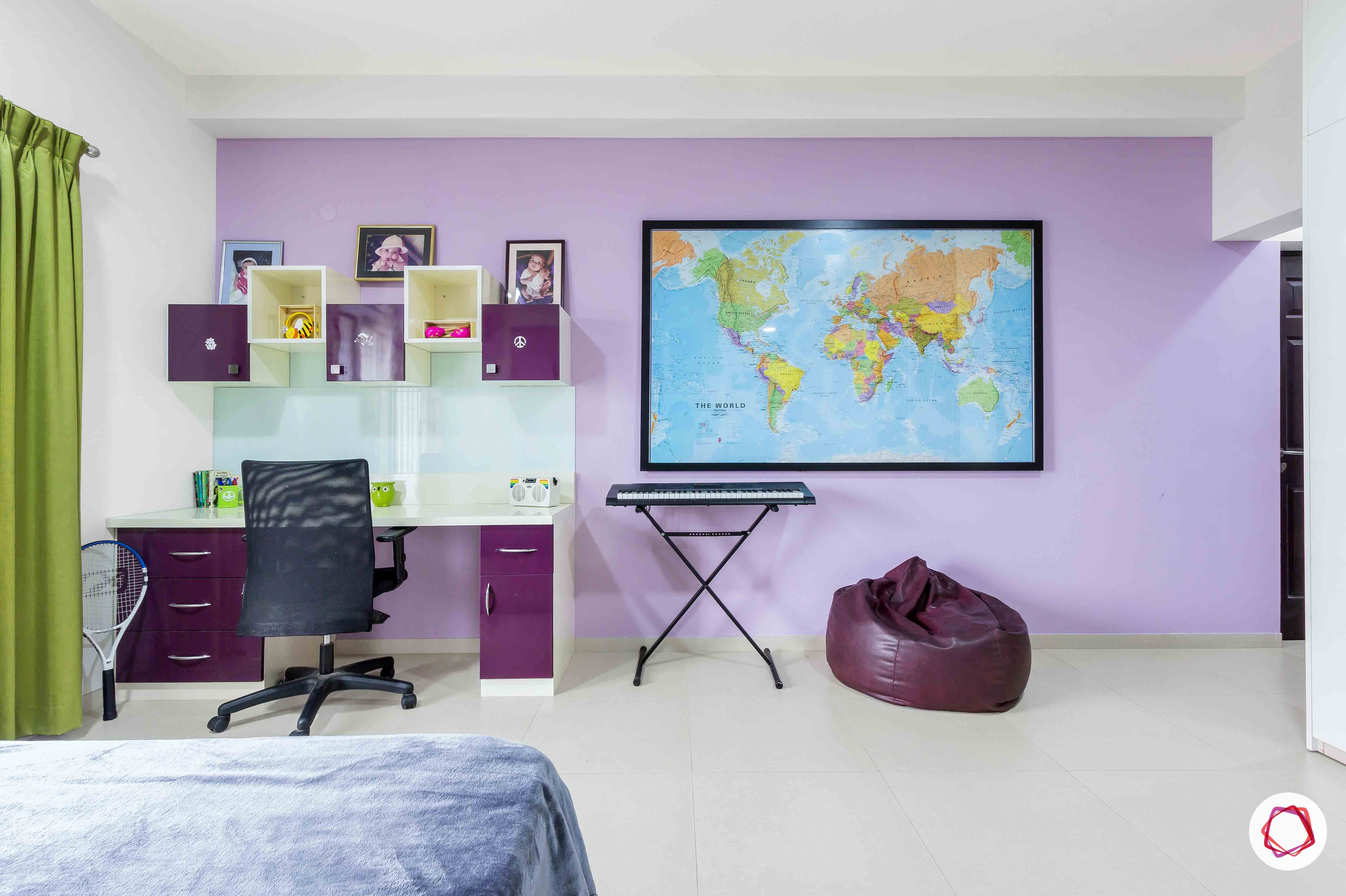sobha forest view-daughter’s bedroom-purple room-purple wall-study table-world map