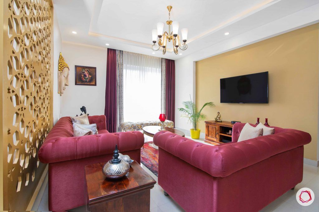 3 bedroom flat design-tufted sofa-art silk sofa-jaali designs-living room designs