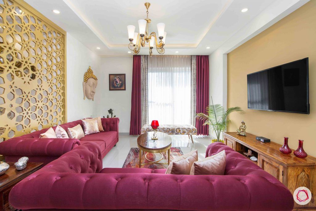 3 bedroom flat design-tufted sofa-art silk sofa-jaali designs-chandelier designs-living room designs