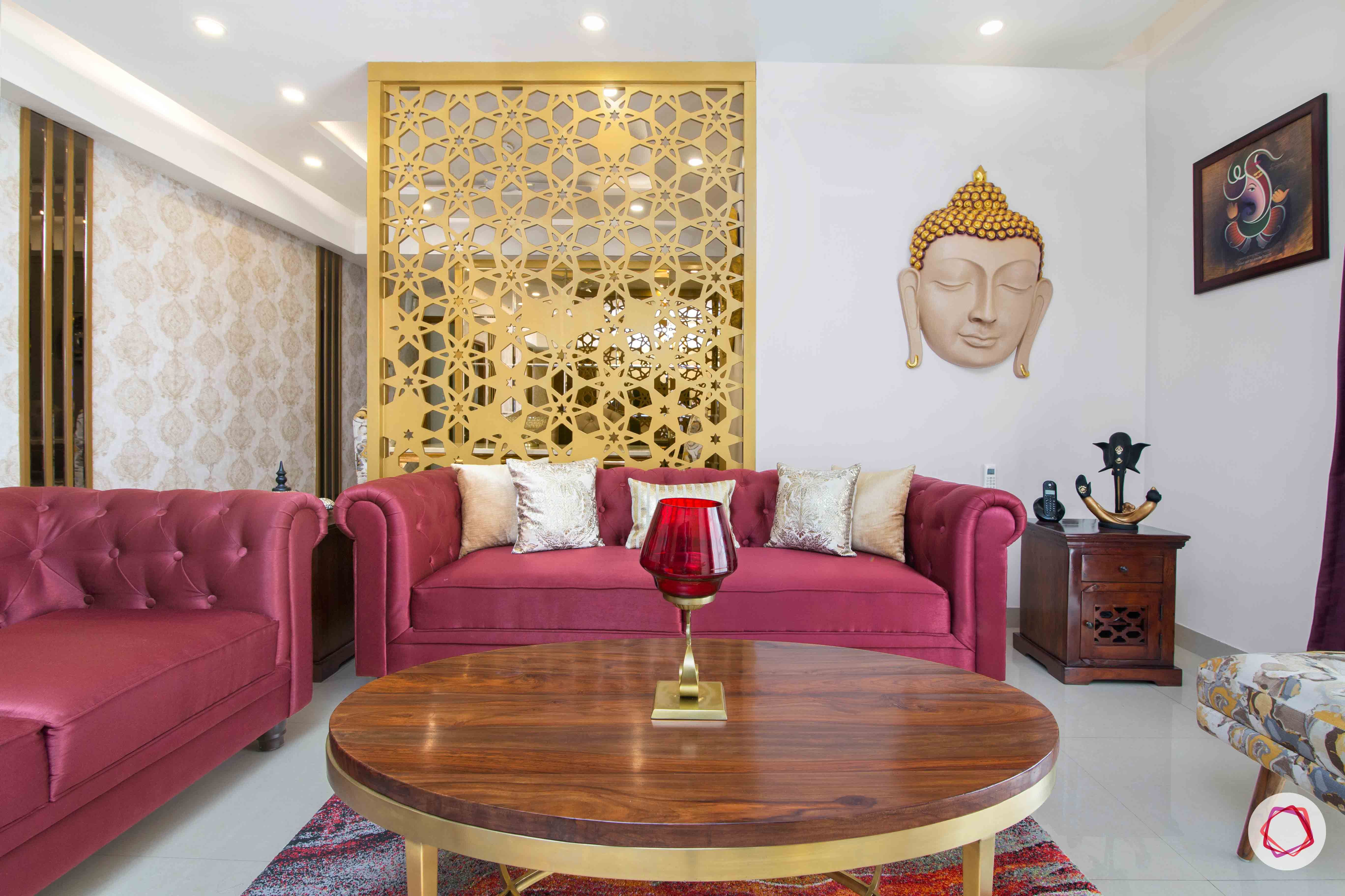 3 bedroom flat design-tufted sofa-art silk sofa-solid wood furniture-jaali designs-living room designs-livspace furniture-buddha head