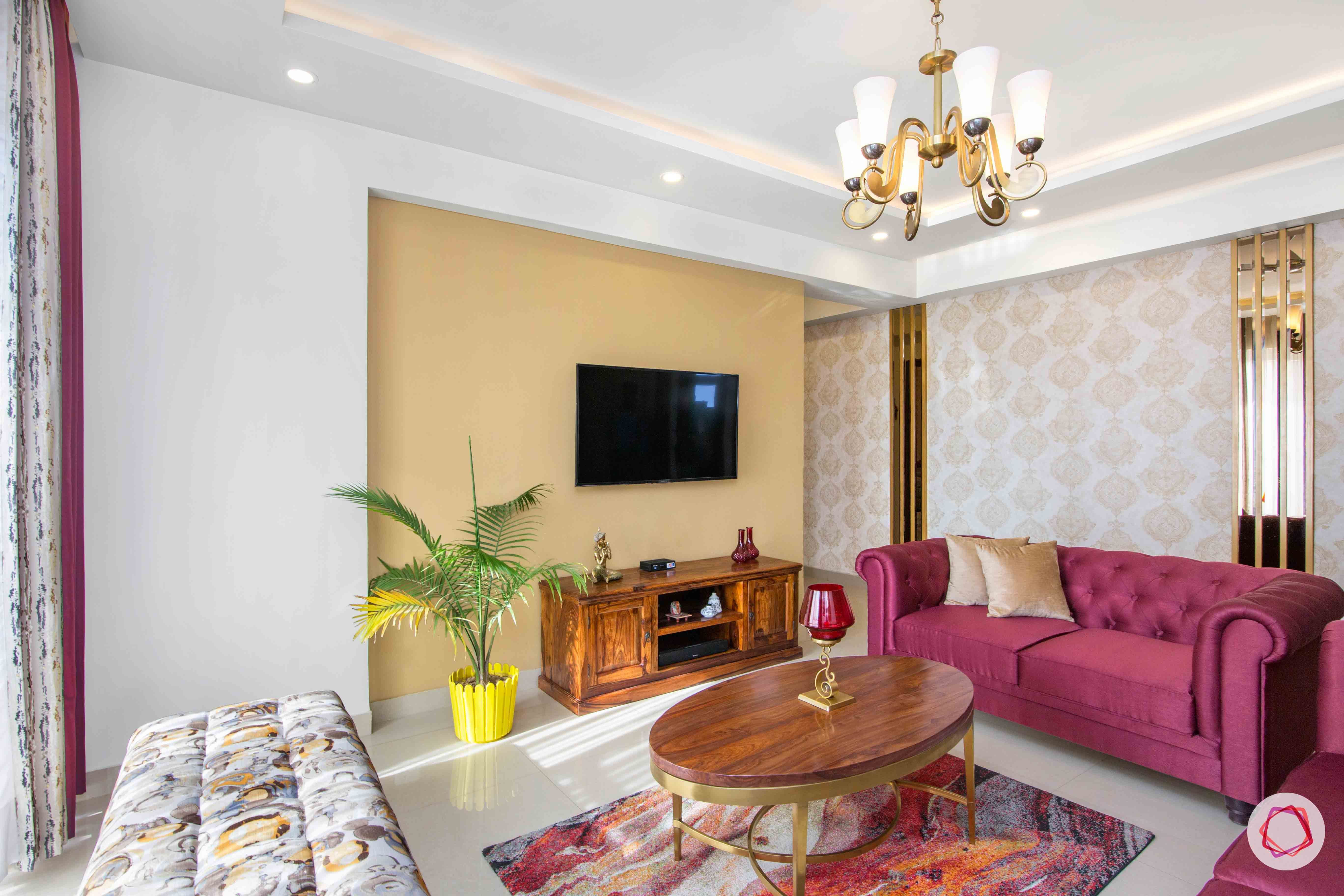 3 bedroom flat design-tufted sofa-art silk sofa-ottoman designs-living room designs-media wall designs-white and gold wallpaper