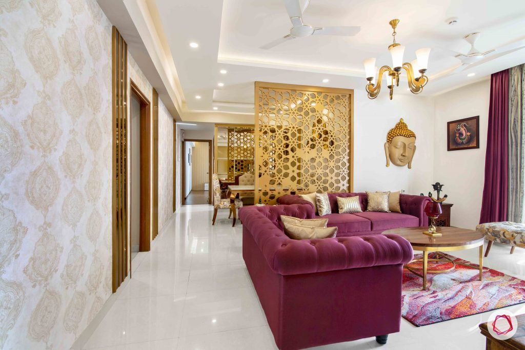 3 bedroom flat design-wooden console table-tufted sofa-art silk sofa-jaali designs-living room designs