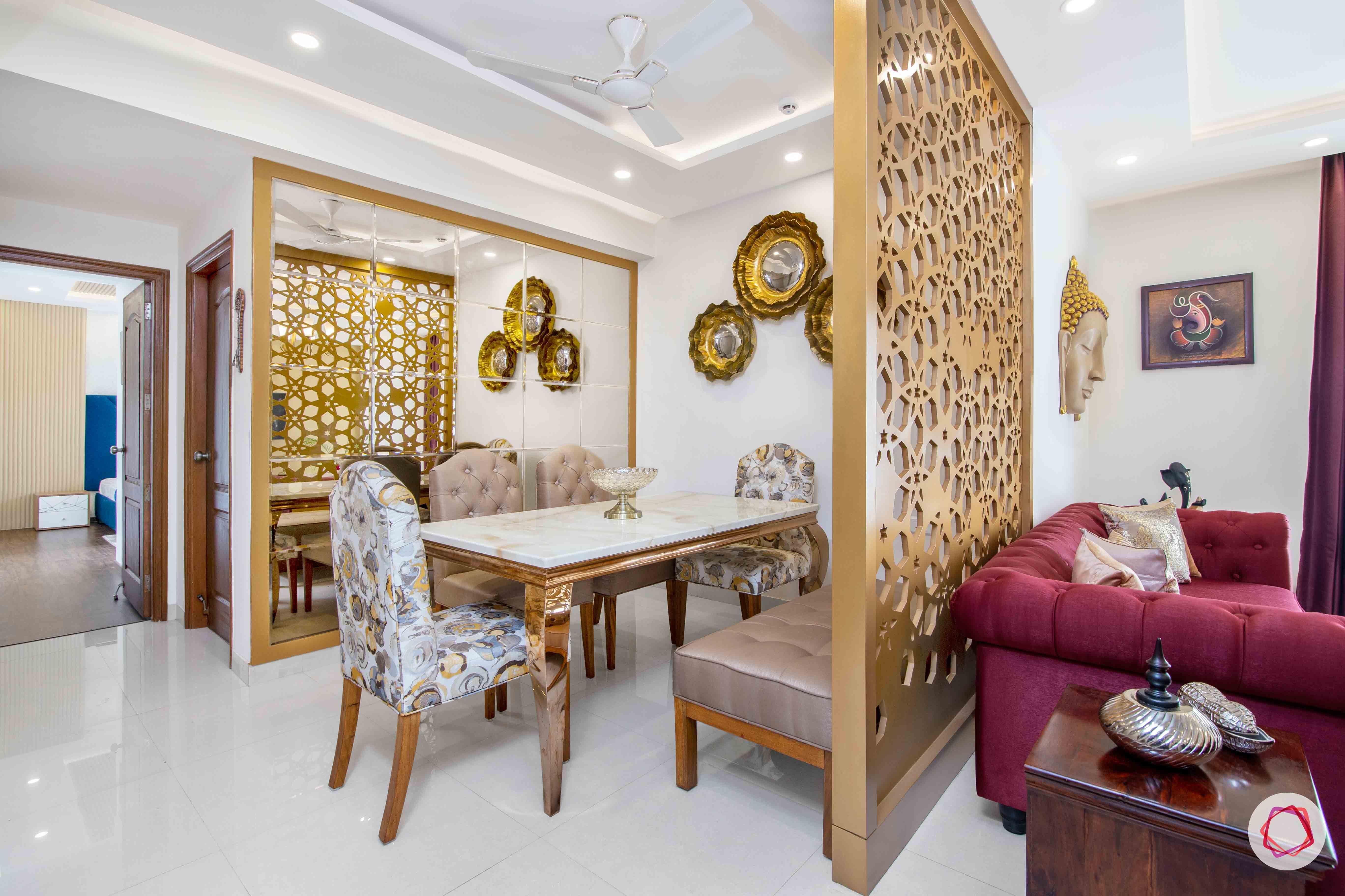 3 bedroom flat design-jaali designs-dining room designs-mirrored wall panel-marble tabletop

