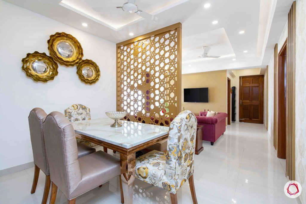 3 bedroom flat design-jaali designs-dining room designs-onyx stone tabletop-wall art designs