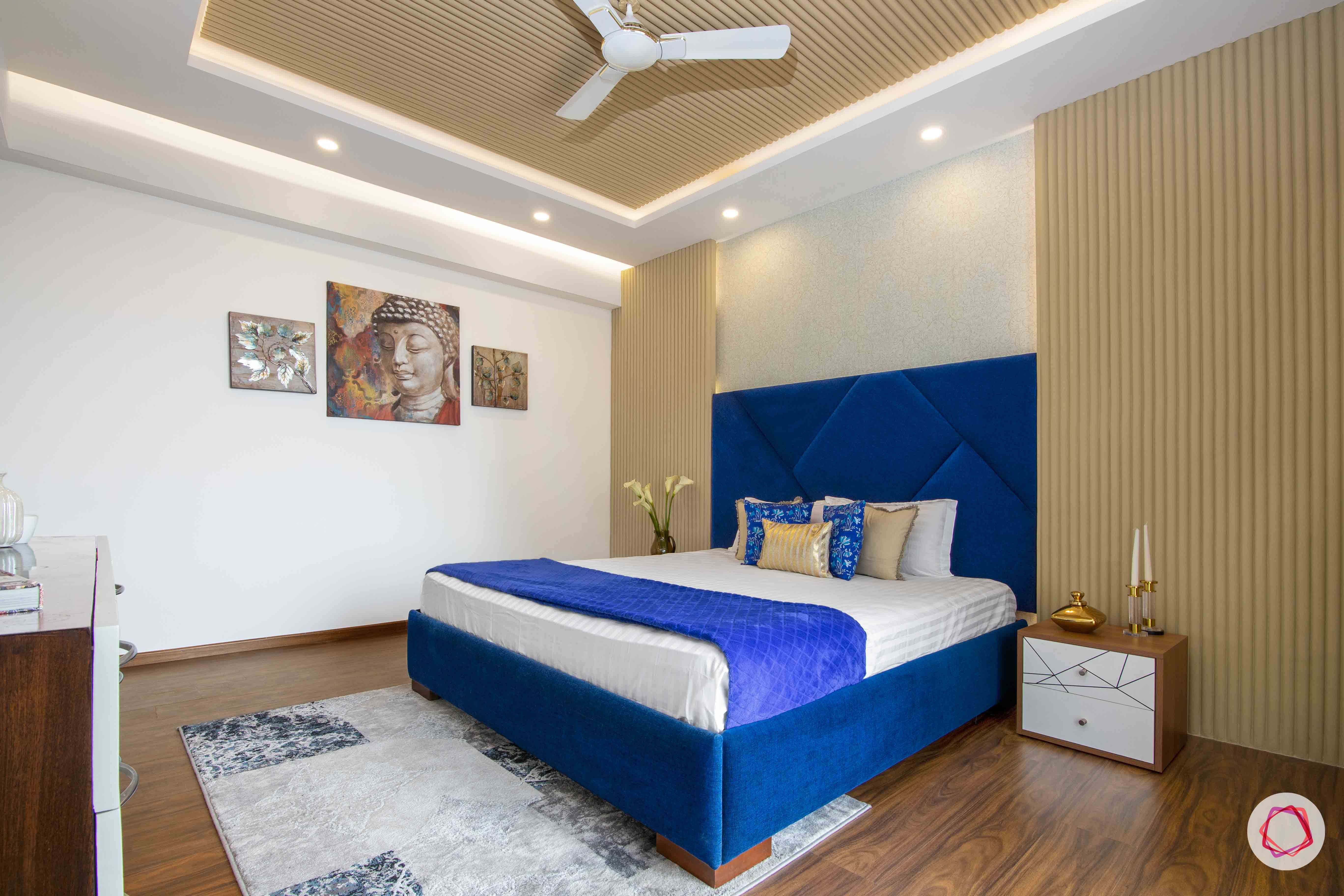 3 bedroom flat design-master bedroom design-wall panelling- blue headboard
