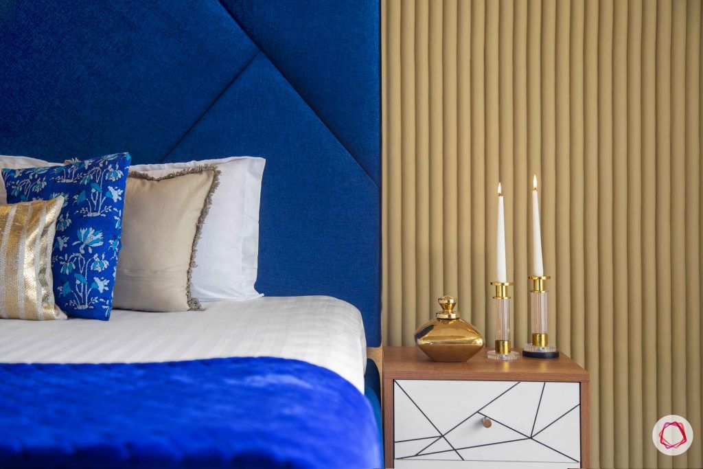 3 bedroom flat design-wall texture-wall panelling-blue headboard-headboard designs