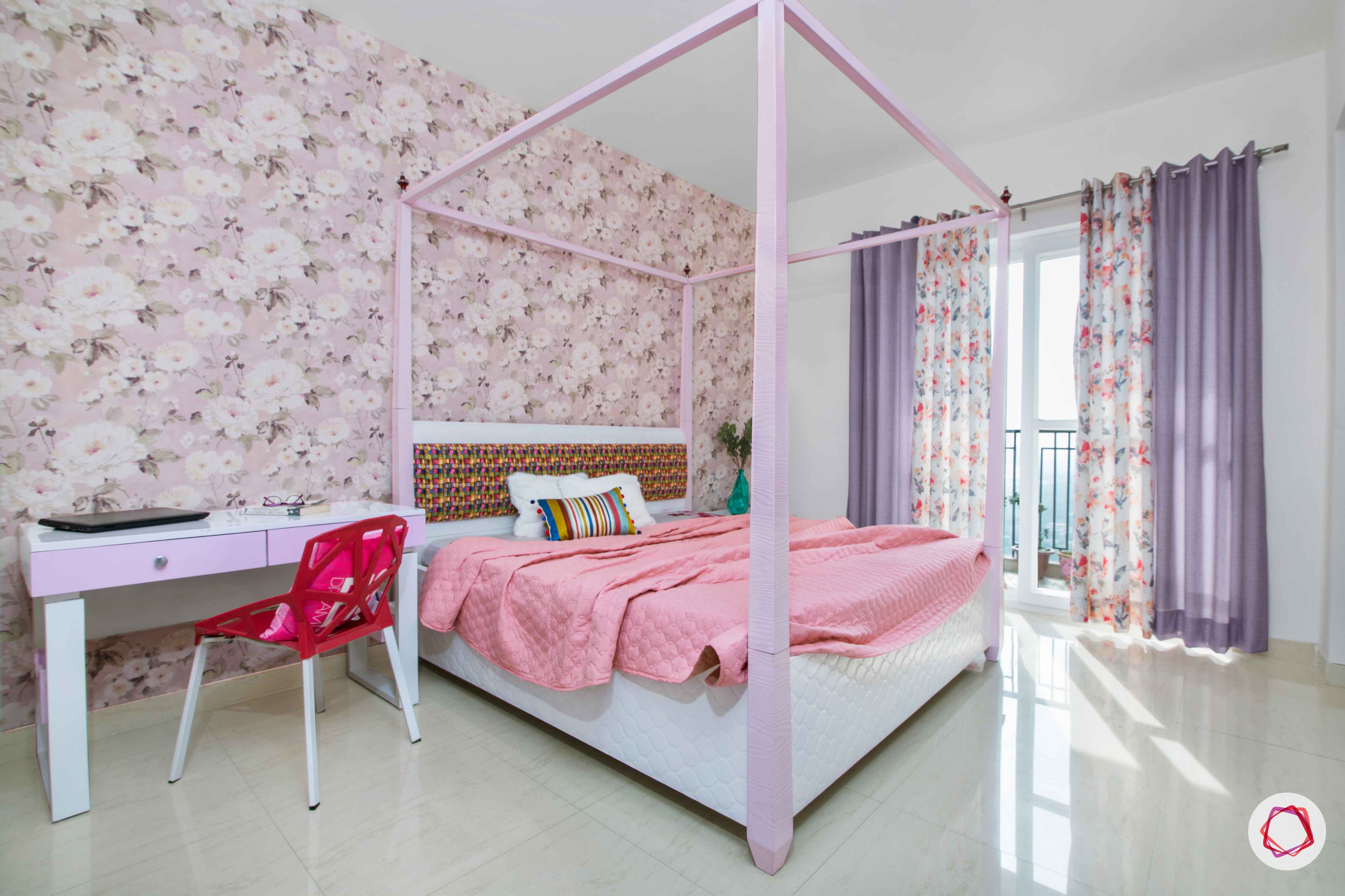 3 bedroom flat design-girls bedroom ideas-four poster bed-wallpaper for girls room-pink girls room