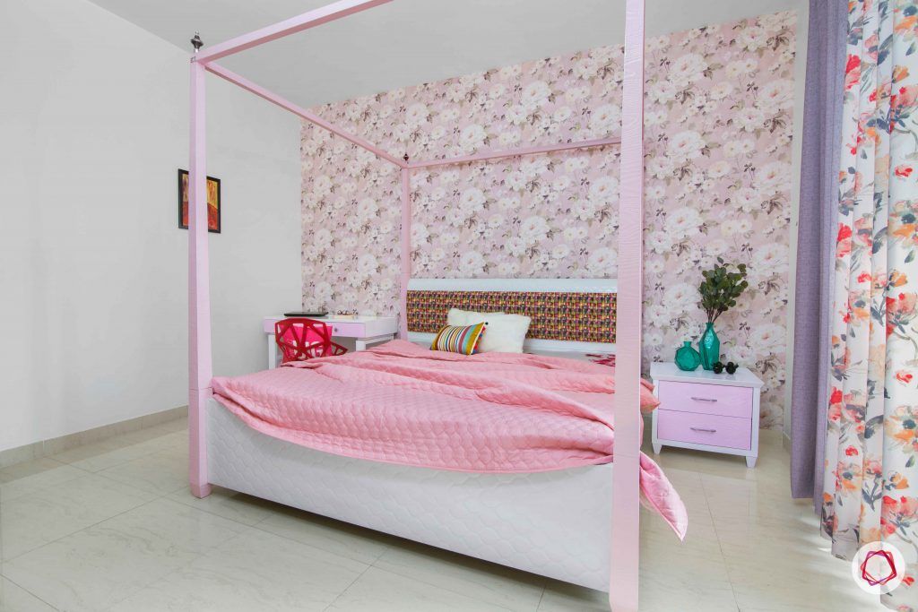 3 bedroom flat design-floral wallpaper ideas-pink beds-four poster beds for girls-fairytale theme rooms for girls