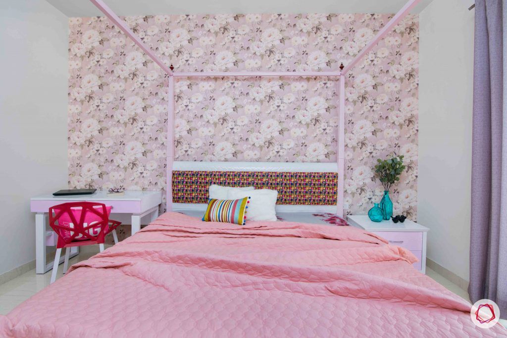 3 bedroom flat design-girls bedroom ideas-floral wallpaper-pink laminate furniture
