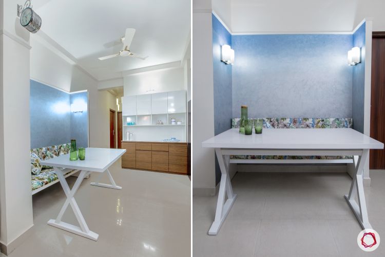 small-space-interior-design-white-dining-table-bench-designs- blue-wallpaper