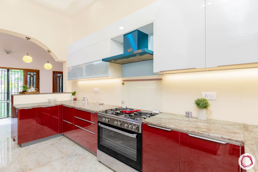 glossy vs matte finish-red glossy cabinets-white and red kitchen