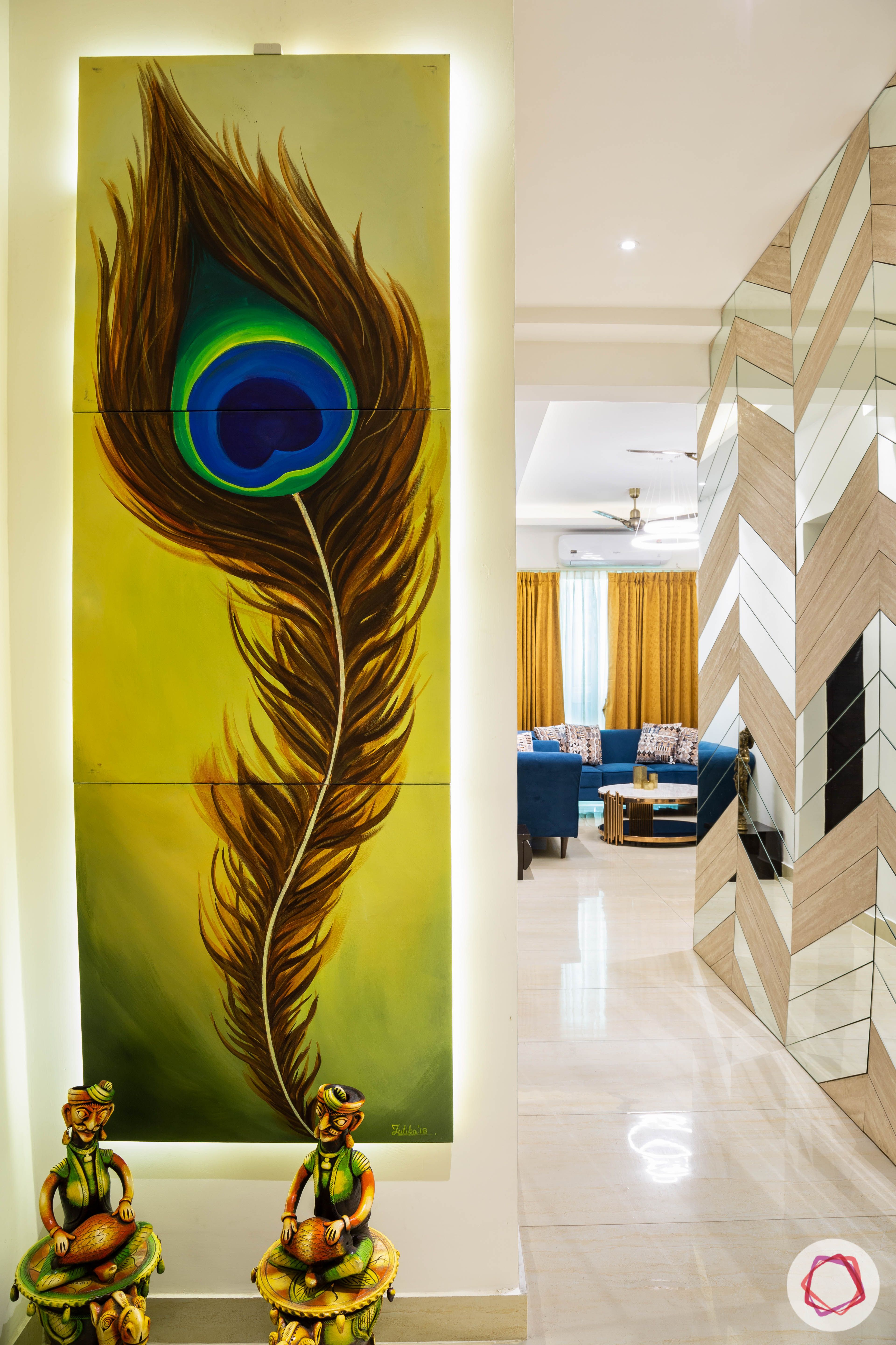 3 bhk flat-home entrance-foyer-wall painting-peacock feather painting