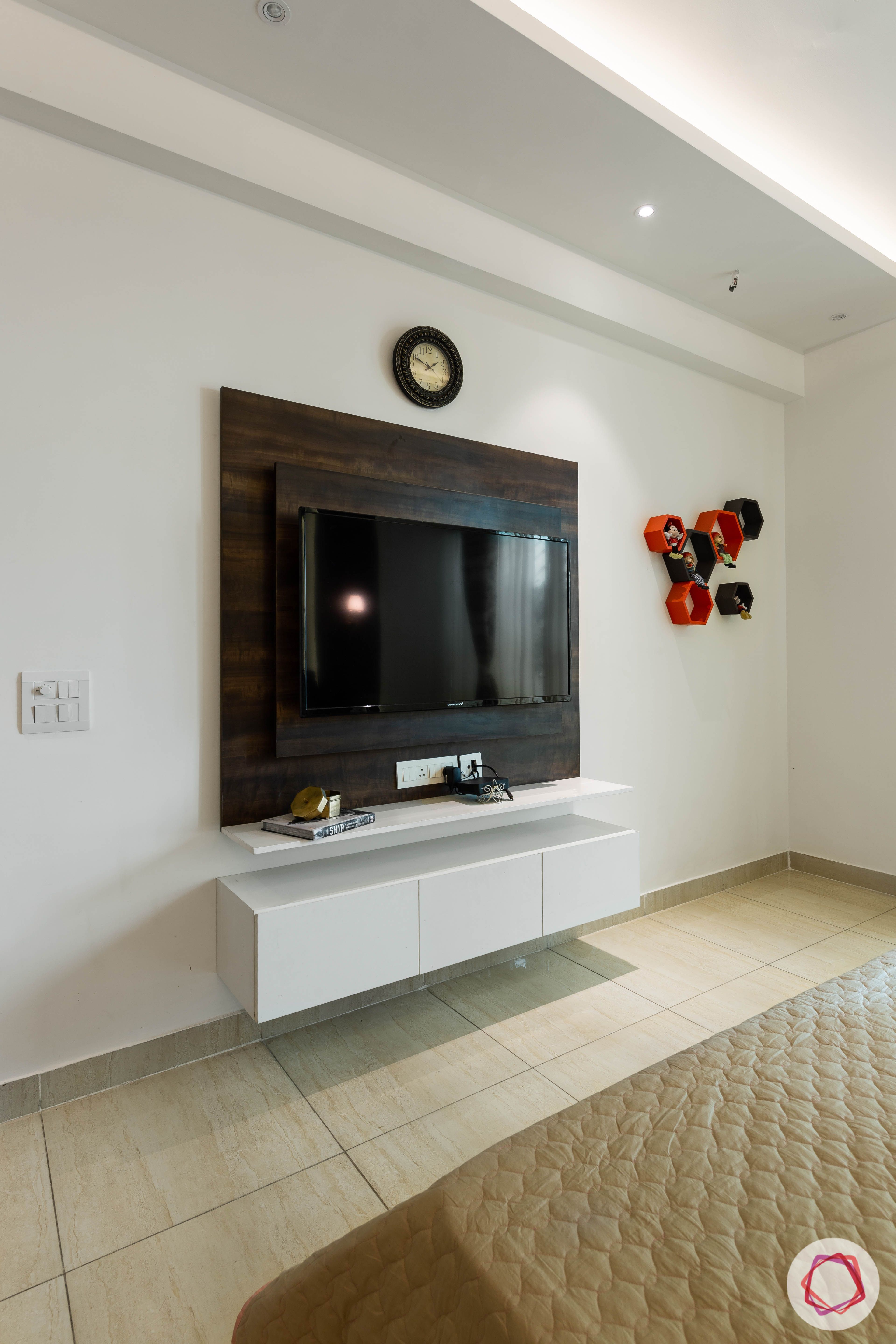 3 bhk flat-tv unit-veneer panel-wall shelves-base units