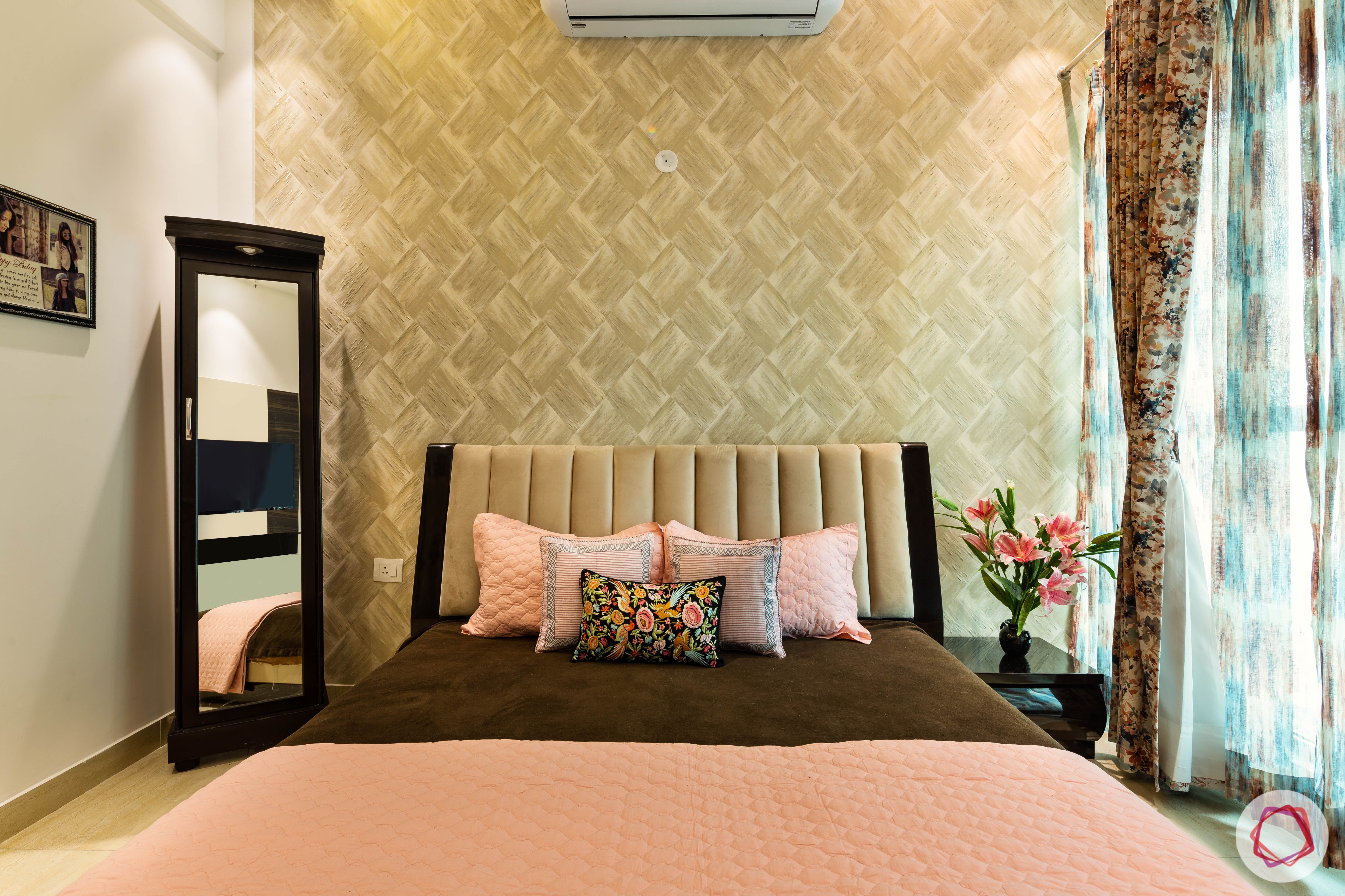 3 bhk flat-bedroom-brown wallpaper-dresser-headboard