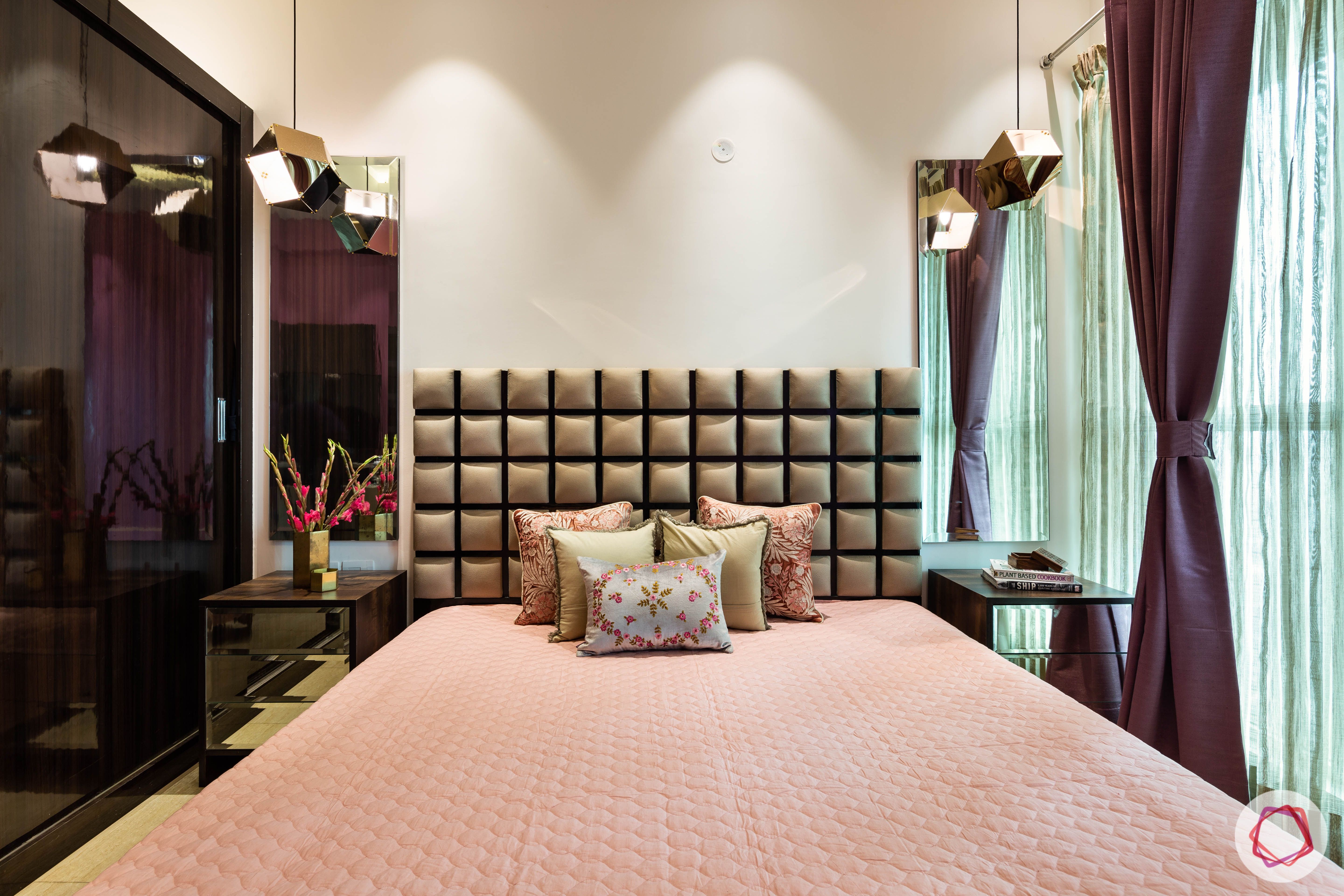 3 bhk flat-bedroom-bed-upholstered headboard-pendant lights-curtains
