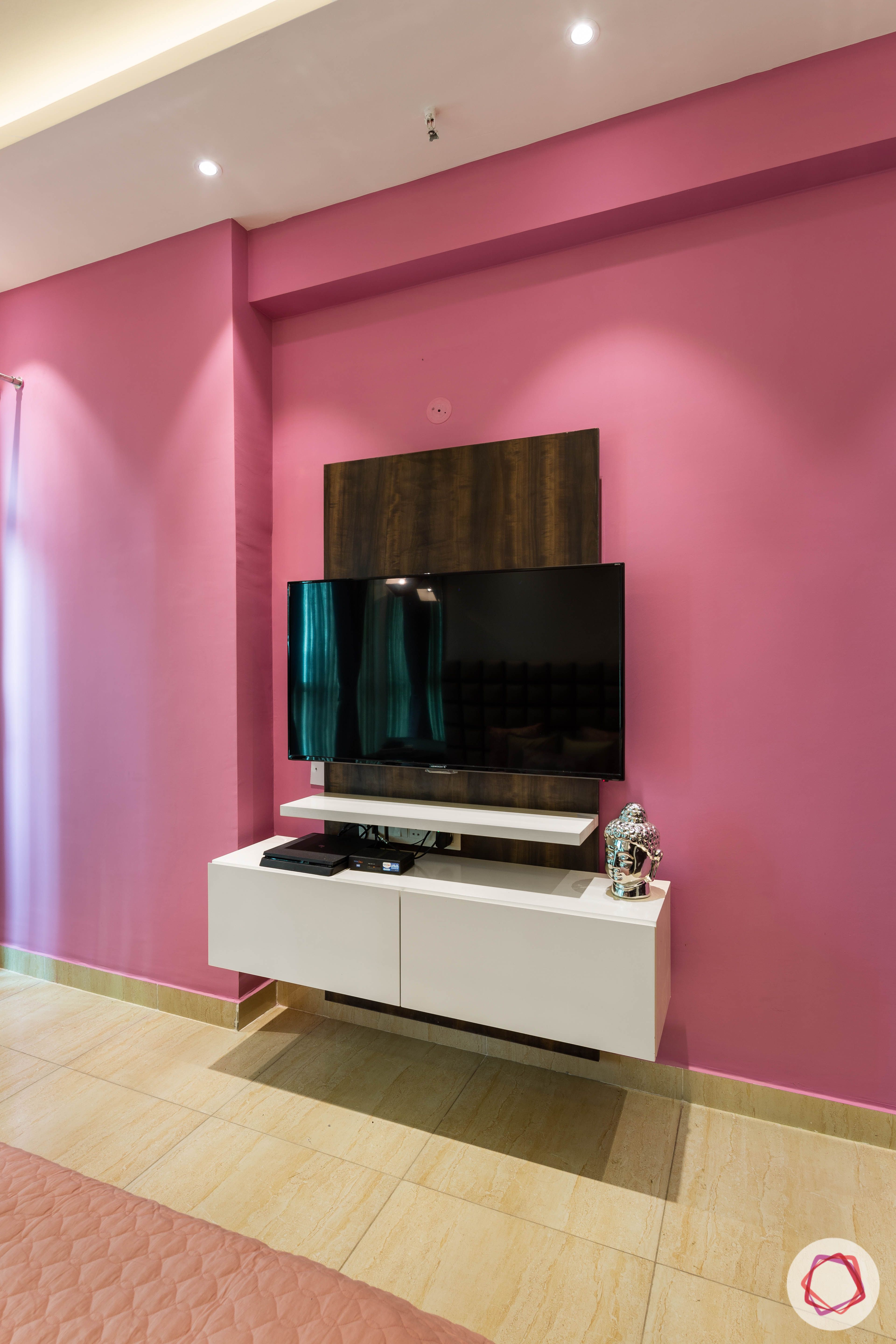 3 bhk flat-bedroom-tv unit-pink wall-wall paint