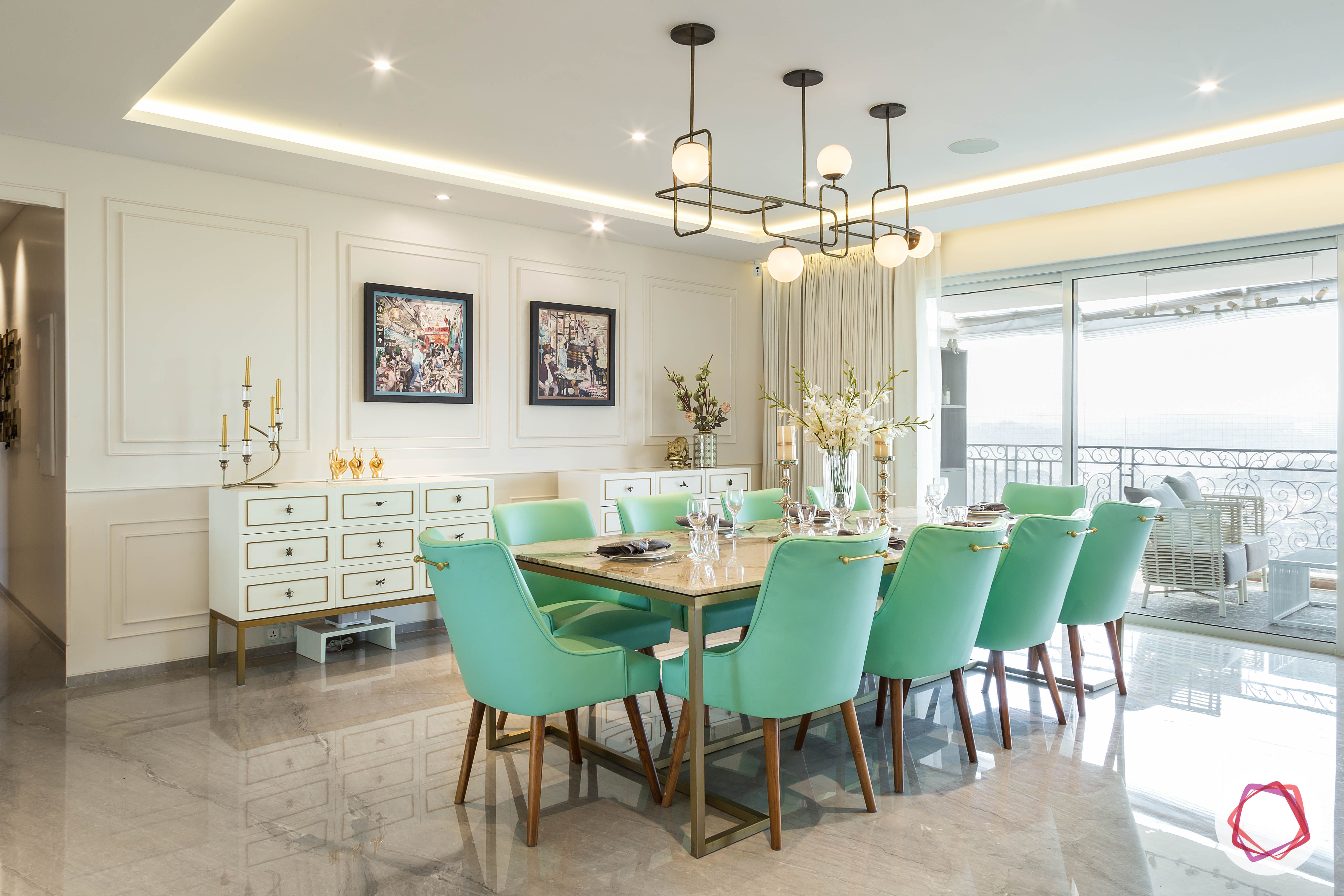 4bhk house plan-10-seater dining table-marble tabletop-green marble table-contemporary dining set-leatherette chairs