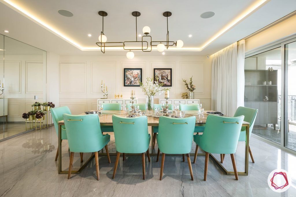 metal fixtures-false ceiling-dining room chandelier-green chairs