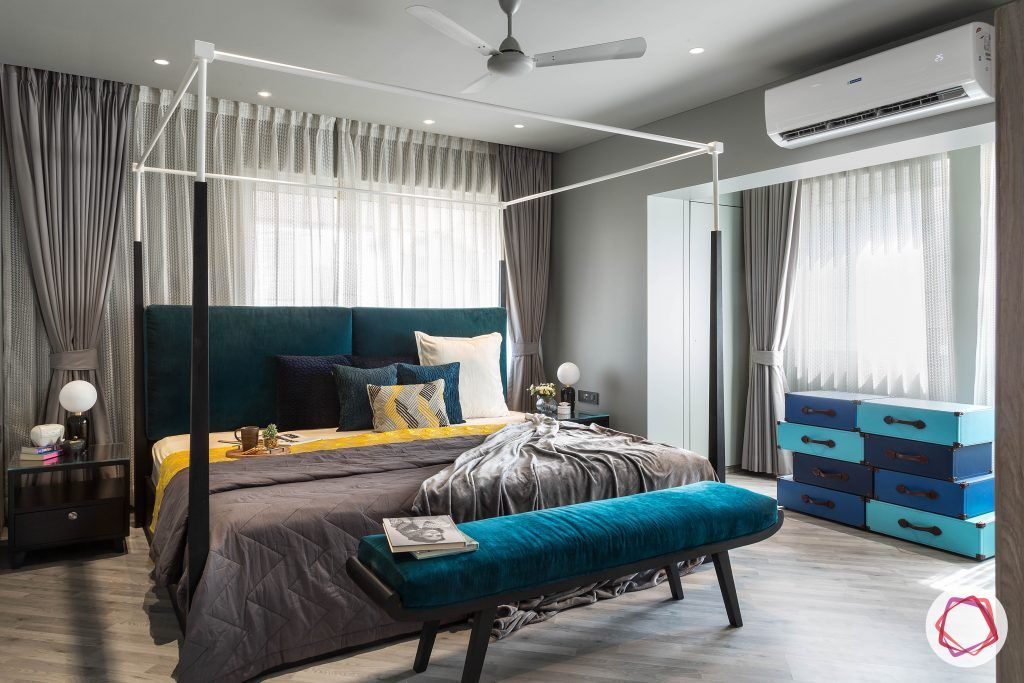 4bhk house plan-master bedroom designs-four poster bed designs-king size beds-wooden flooring designs-wooden bed designs-ottoman at foot of bed