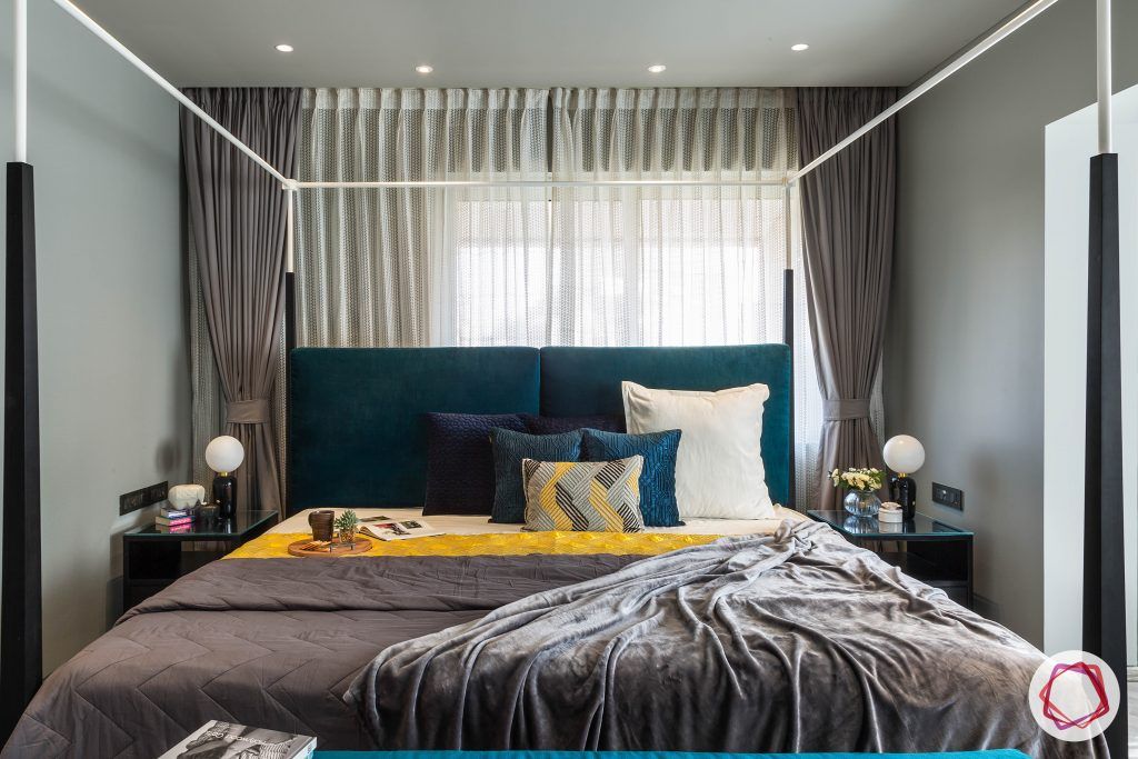 4bhk house plan-master bedroom designs-four poster bed designs-king size beds-headboard designs-teal headboard