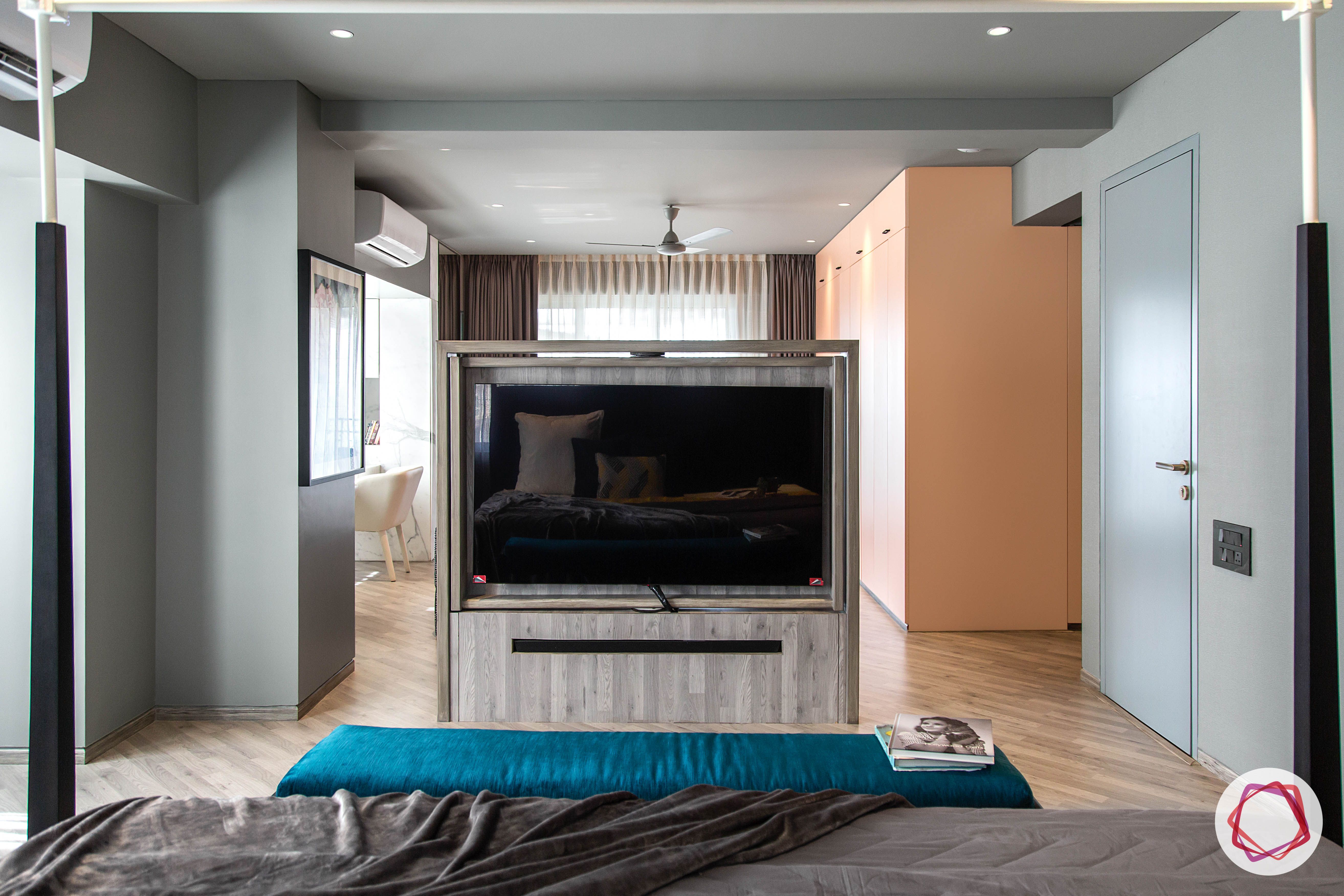 4bhk house plan-master bedroom designs-wooden flooring designs-bedroom tv cabinet-rotating tv-room partition designs