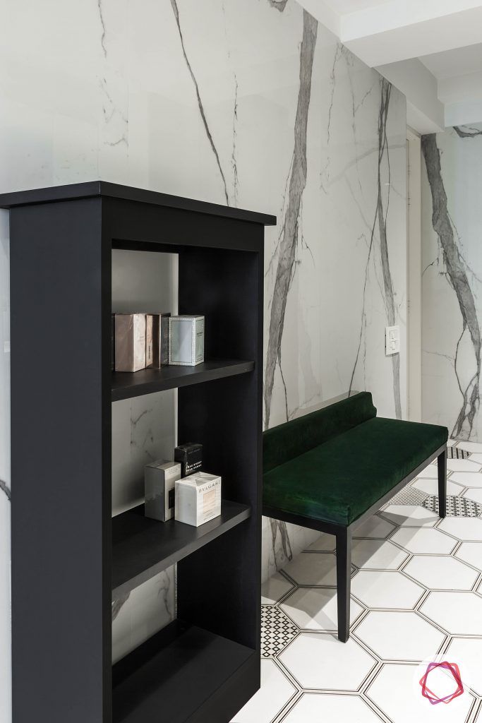4bhk house plan-master bathroom designs-large bathroom designs-bathroom marble designs-bathroom tile designs-hexagonal tiles-bathroom shelves