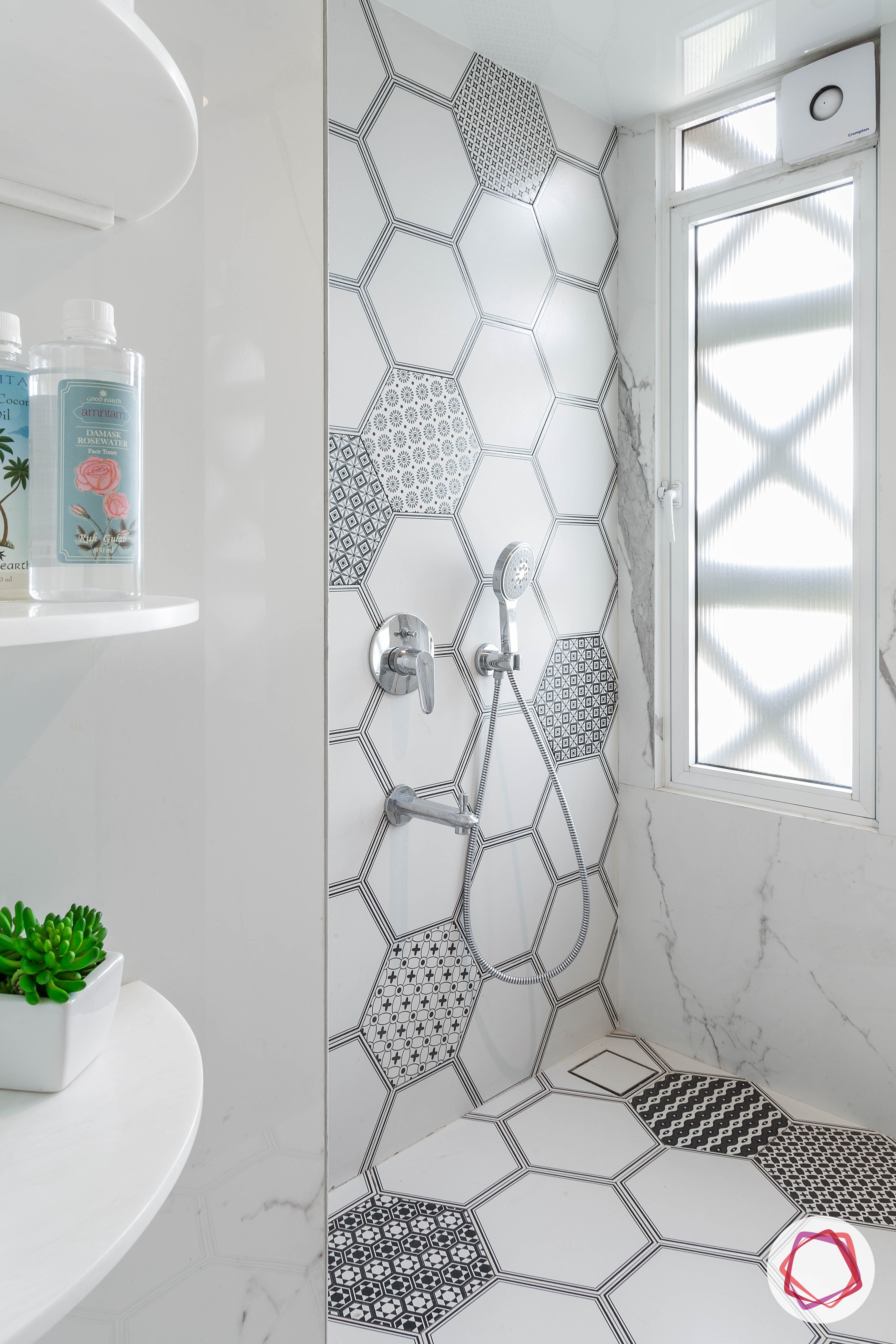 4bhk house plan-master bathroom designs-large bathroom designs-bathroom marble designs-bathroom tile designs-hexagonal tiles-shower cubicle designs
