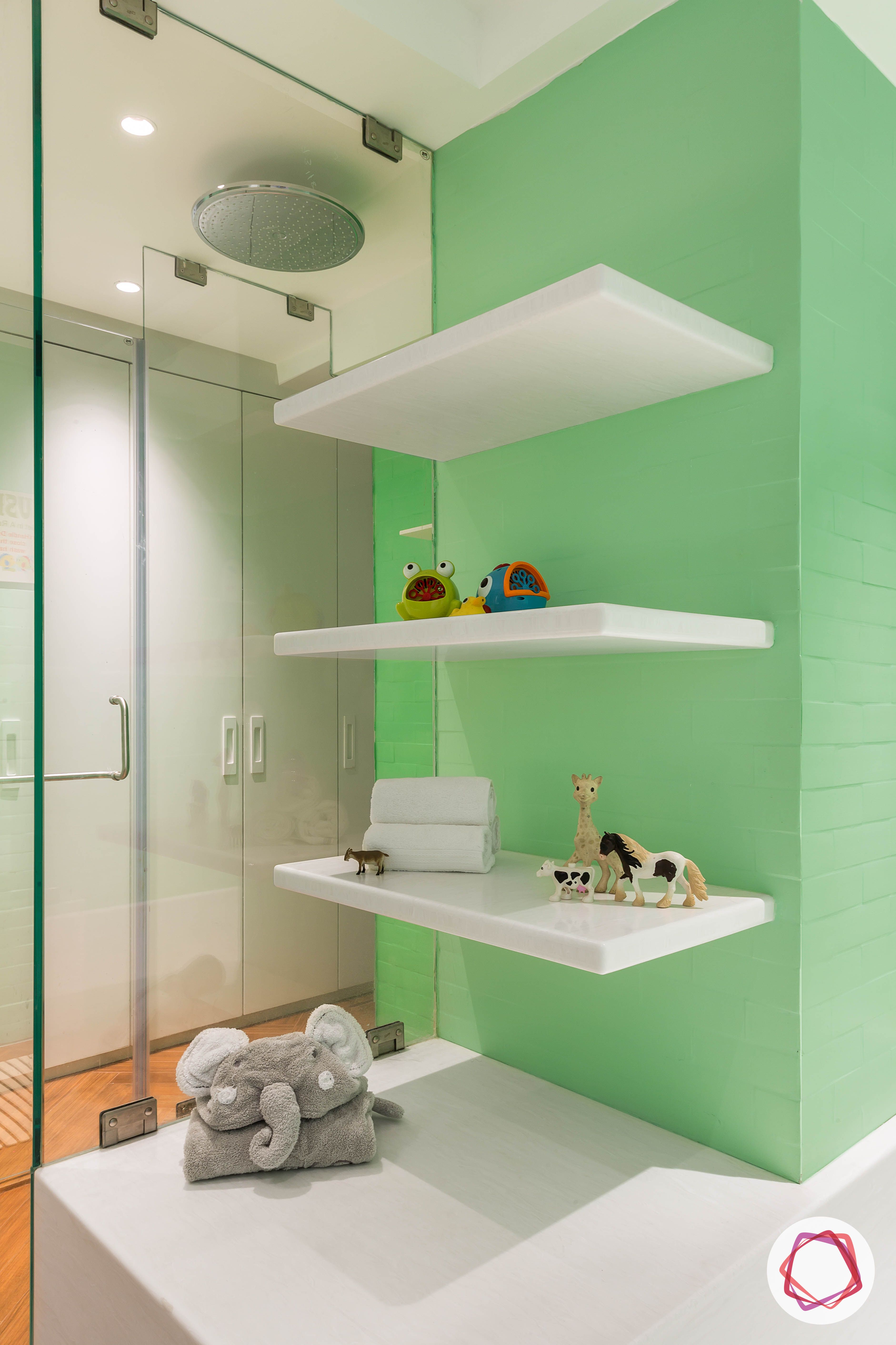 4bhk house plan-kids bathroom designs-green-wall-white-shelves
