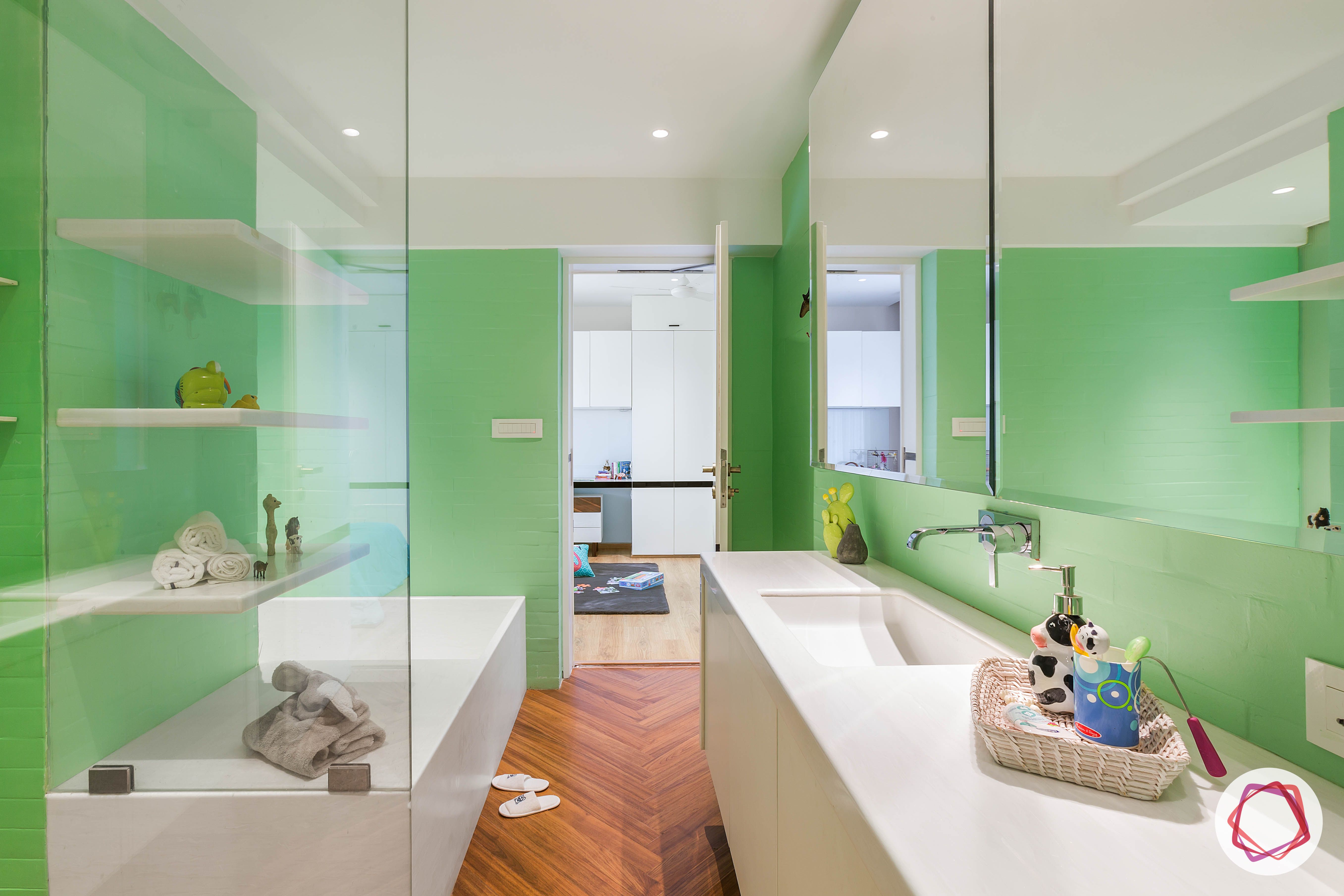 4bhk house plan-kids bathroom designs-mint-walls-glass-shutters