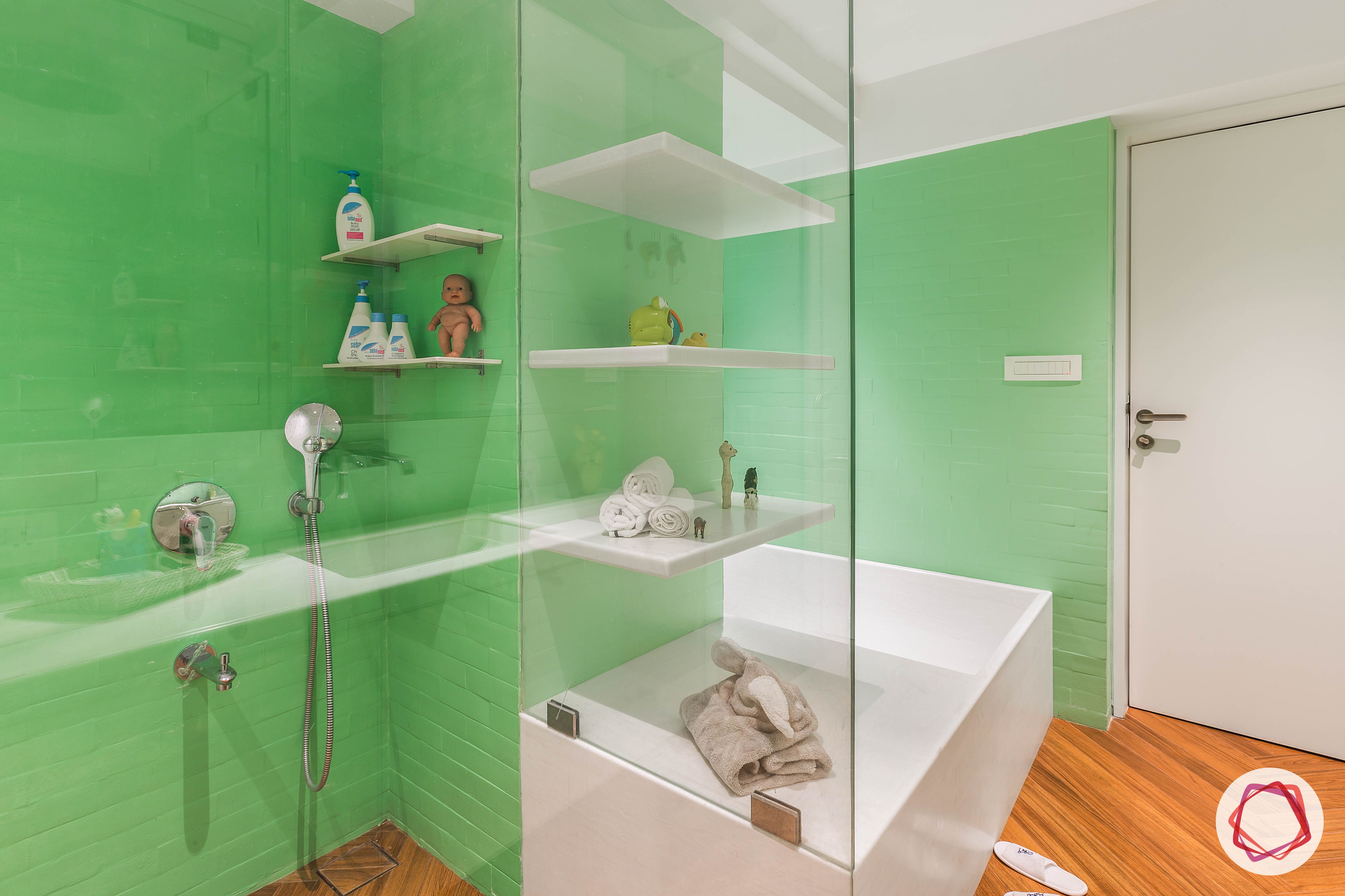 4bhk house plan-kids bathroom designs-green-wall-white-shelves-shower