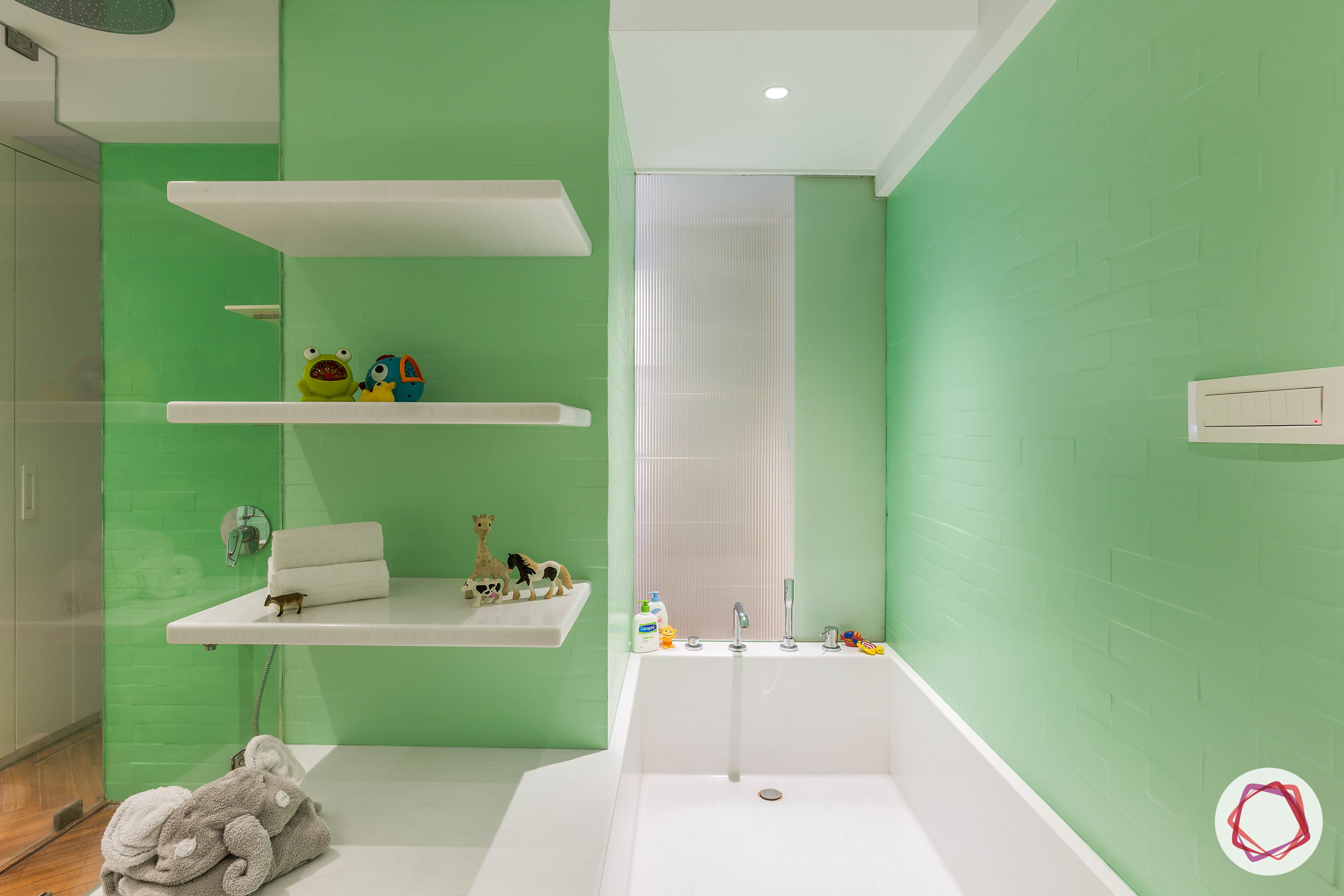 4bhk house plan-kids bathroom designs-white-tub-shelves