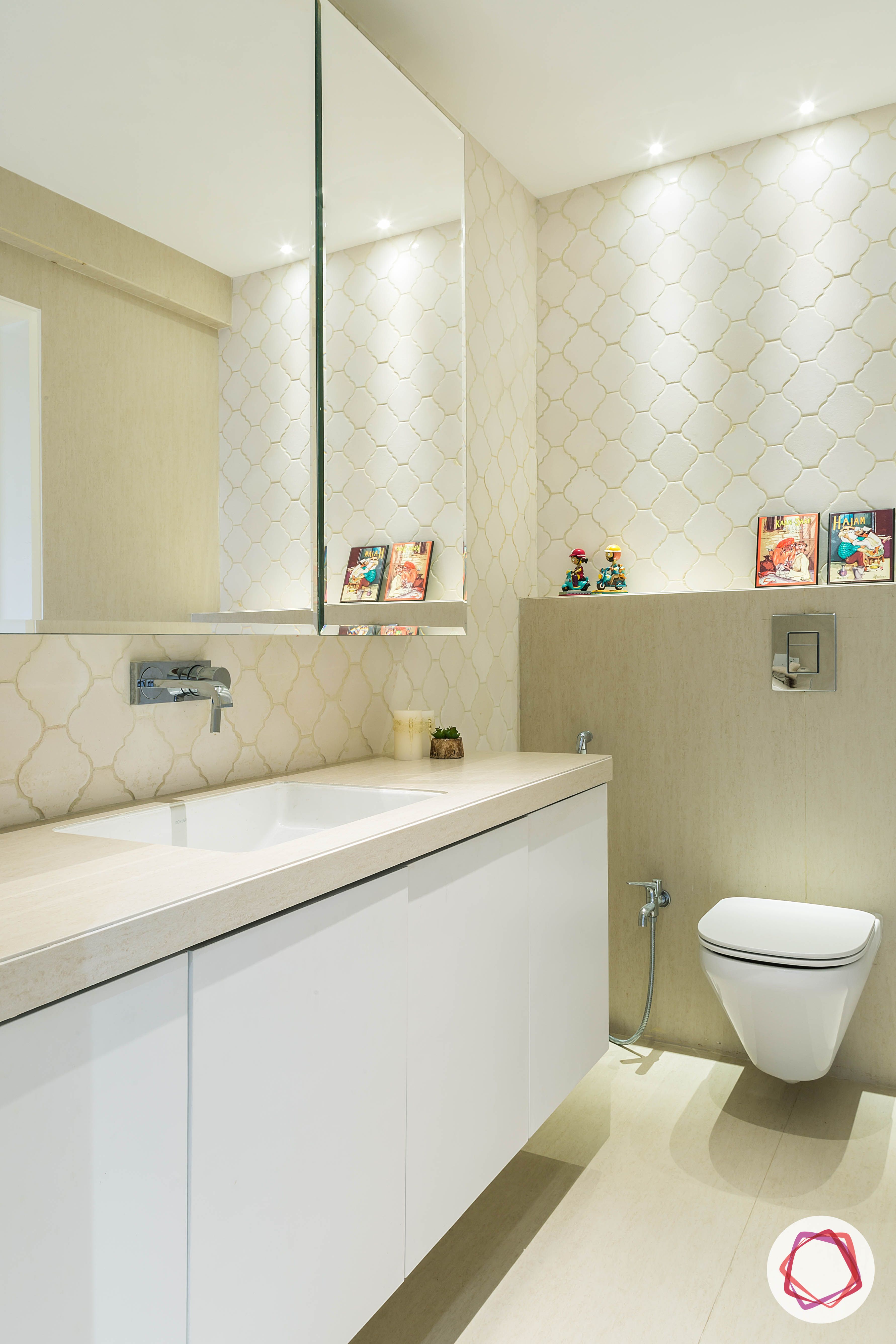 4bhk house plan-bathroom designs-bathroom tiles-moroccan tiles-vanity unit-mirror