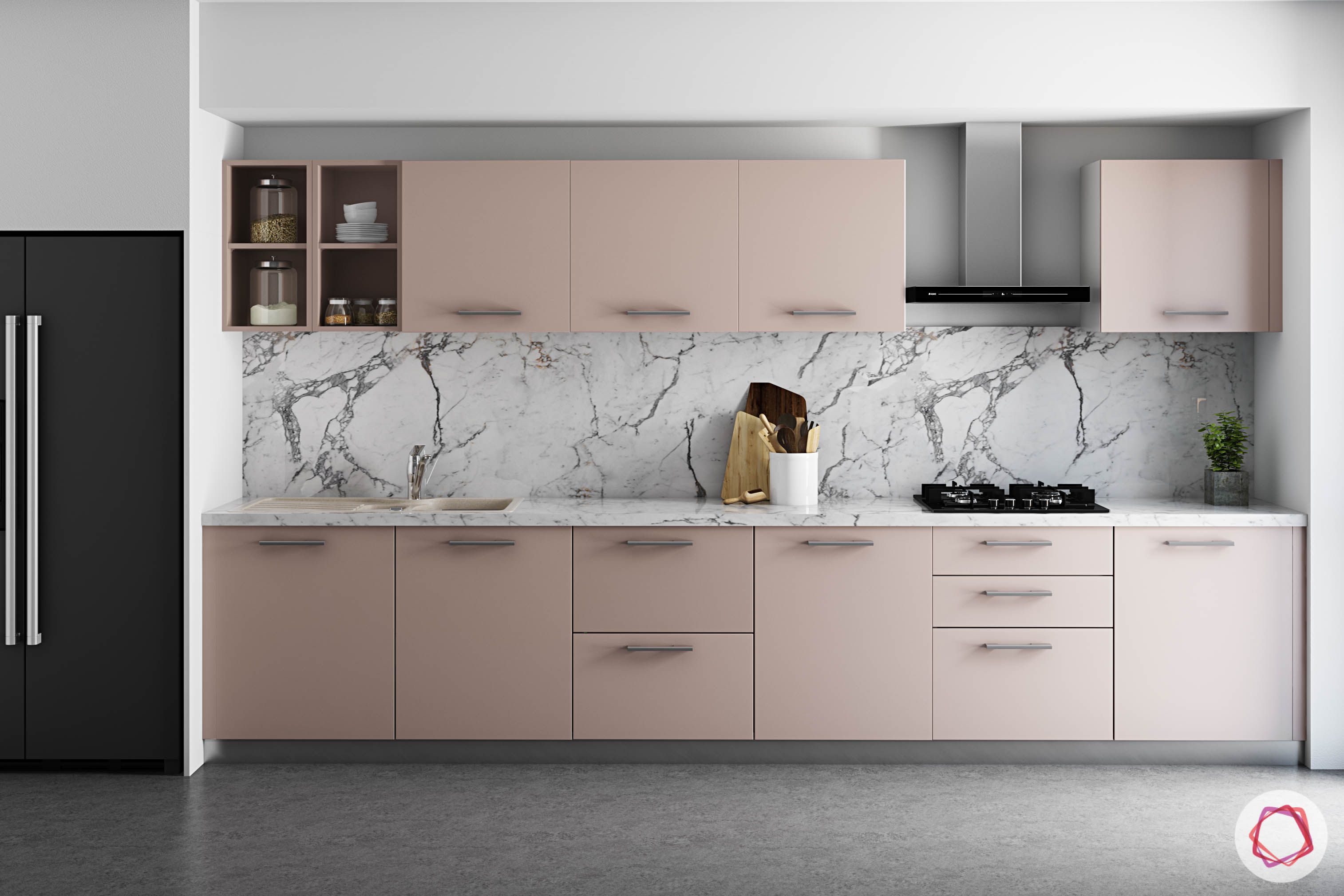 wall-tiles-design-laminam-backsplash-pink-cabinets-fridge-modern
