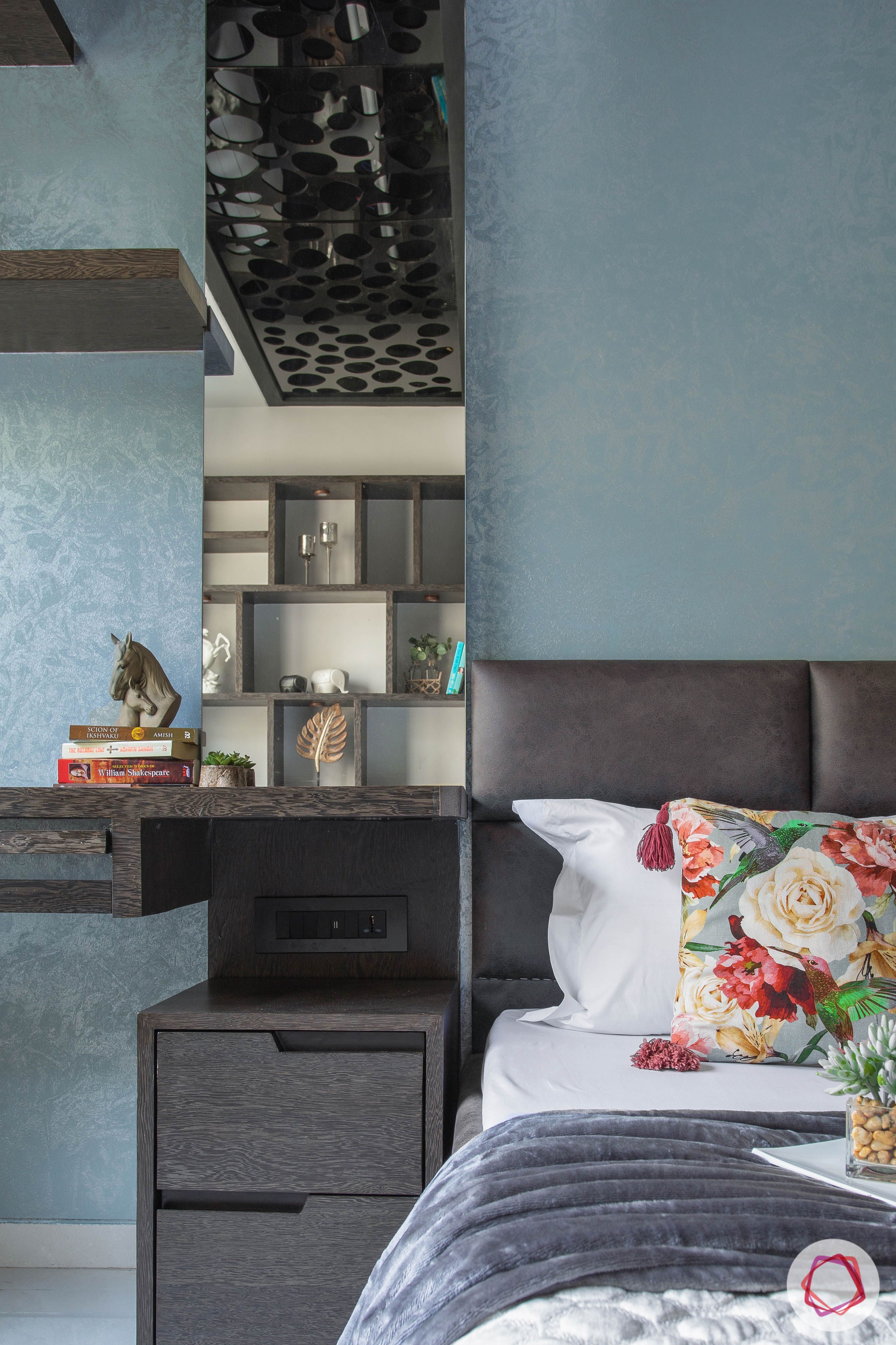 master bedroom-compact study table-wall display shelves-bedside mirror-veneer finish