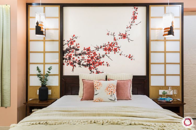 master-bedroom-cherry-blossom-wall-black-frame-wooden-frame-bed
