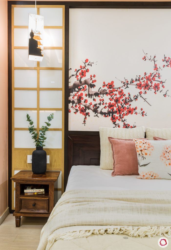 master-bedroom-japanese-cherry-blossom-wall-wooden-table
