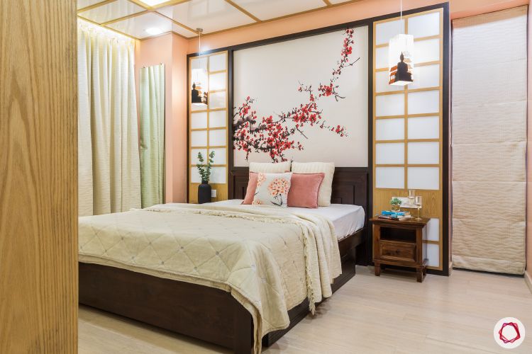 master-bedroom-japanese-black-bed-wooden-wall-flowers-pink