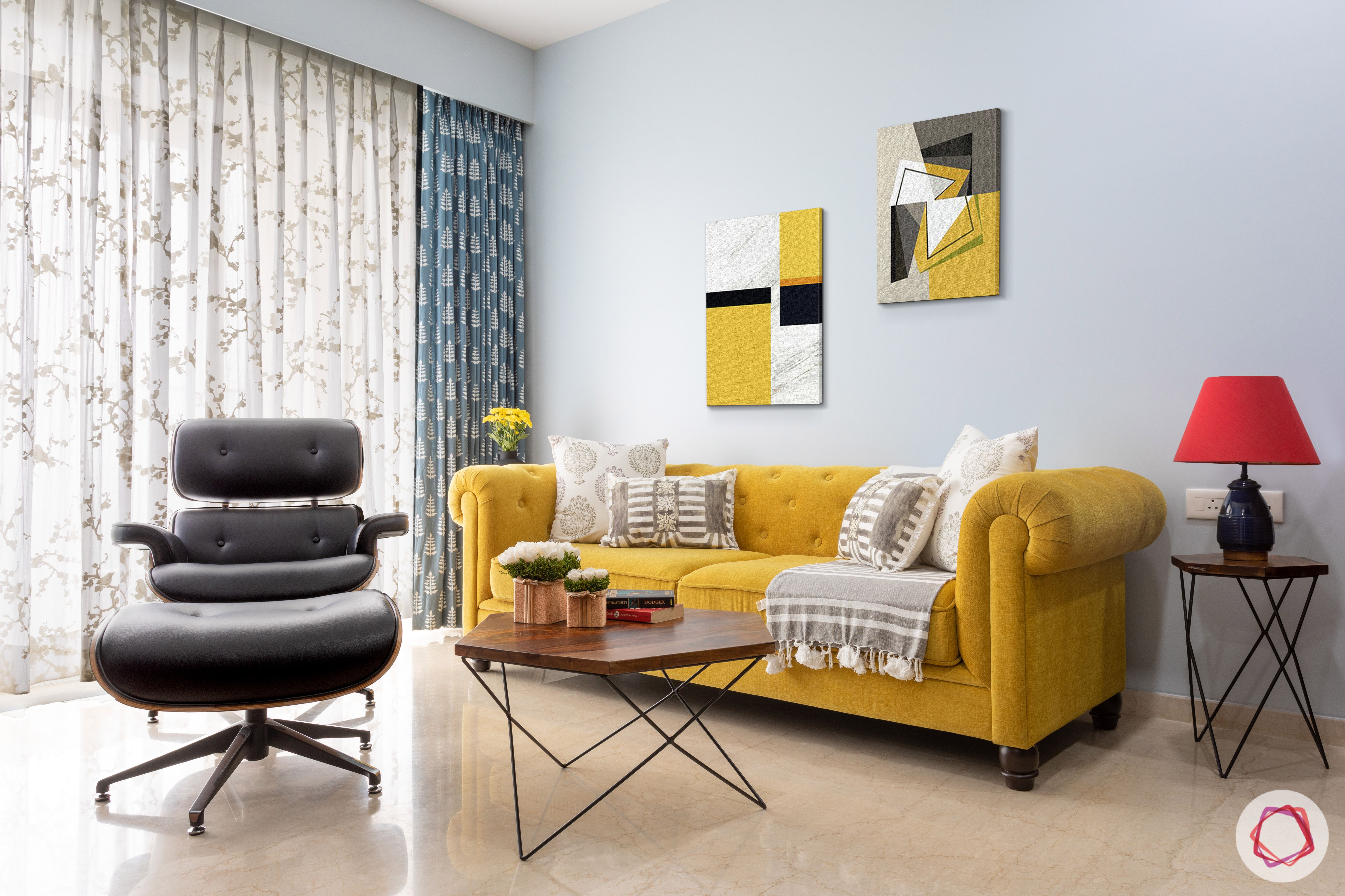 crescent bay-living room-yellow sofa-blue wall-wooden furniture