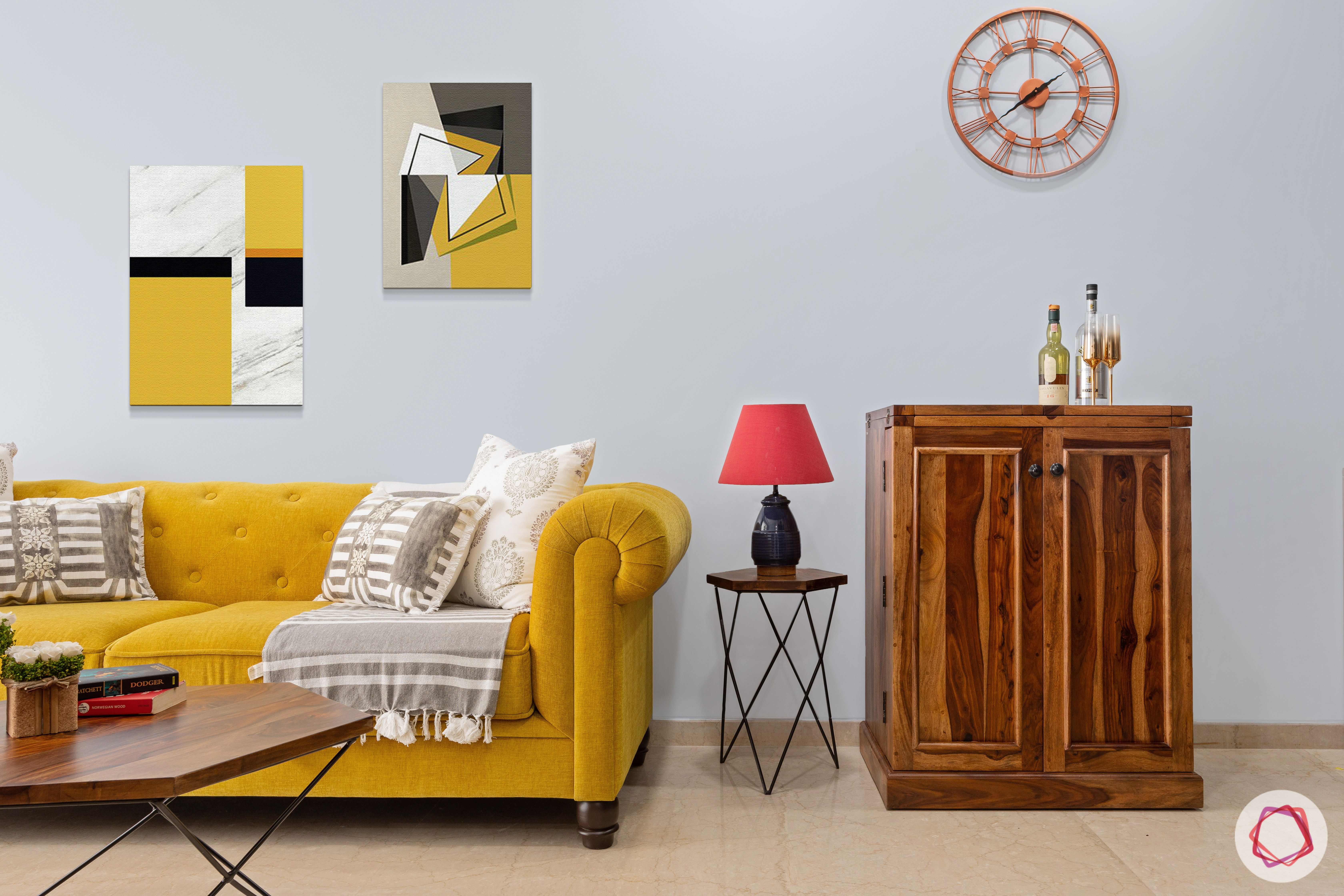 crescent bay-living room-yellow sofa-wooden bar unit-wooden side table
