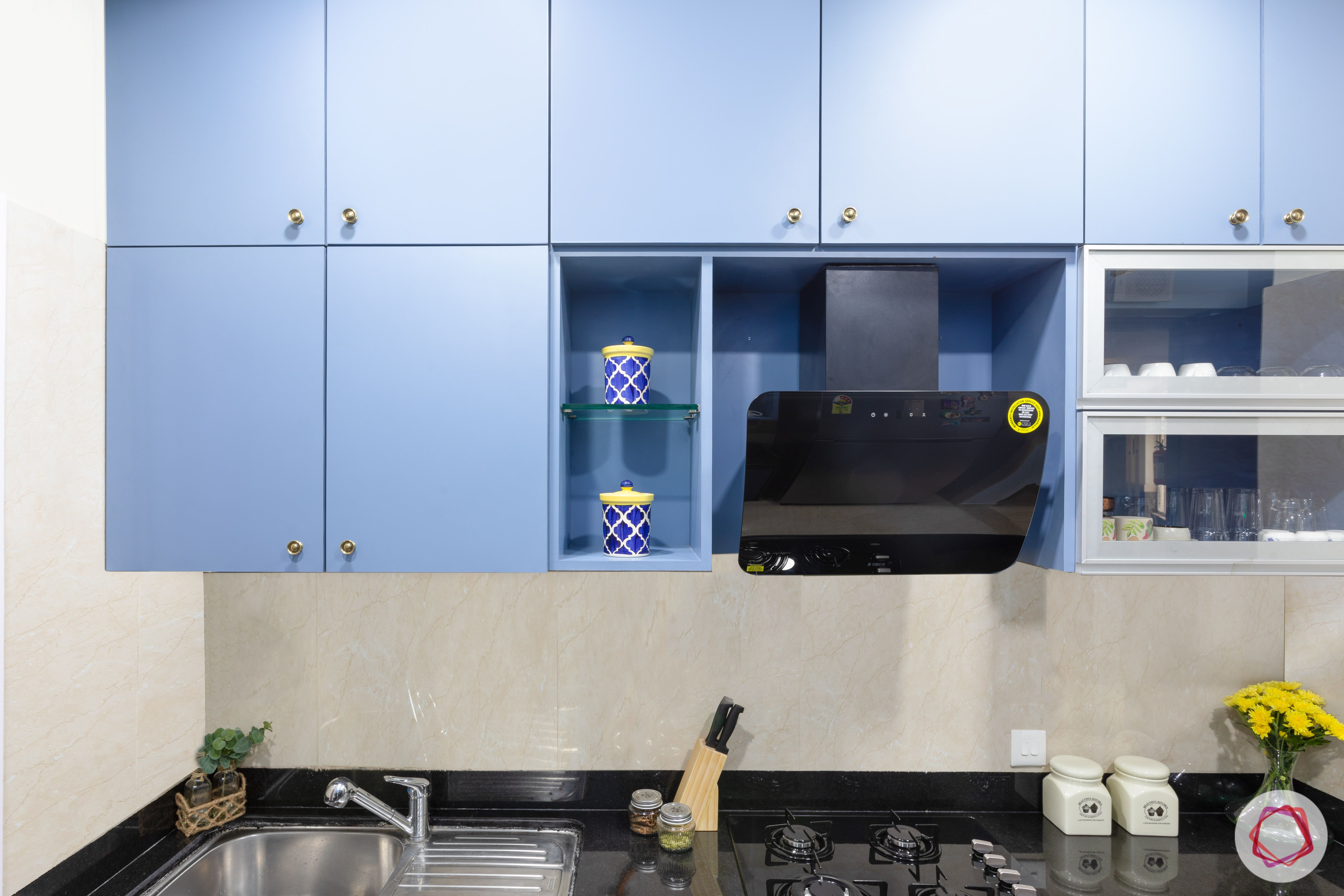 crescent bay-modular kitchen-chimney-blue cabinets-shelves