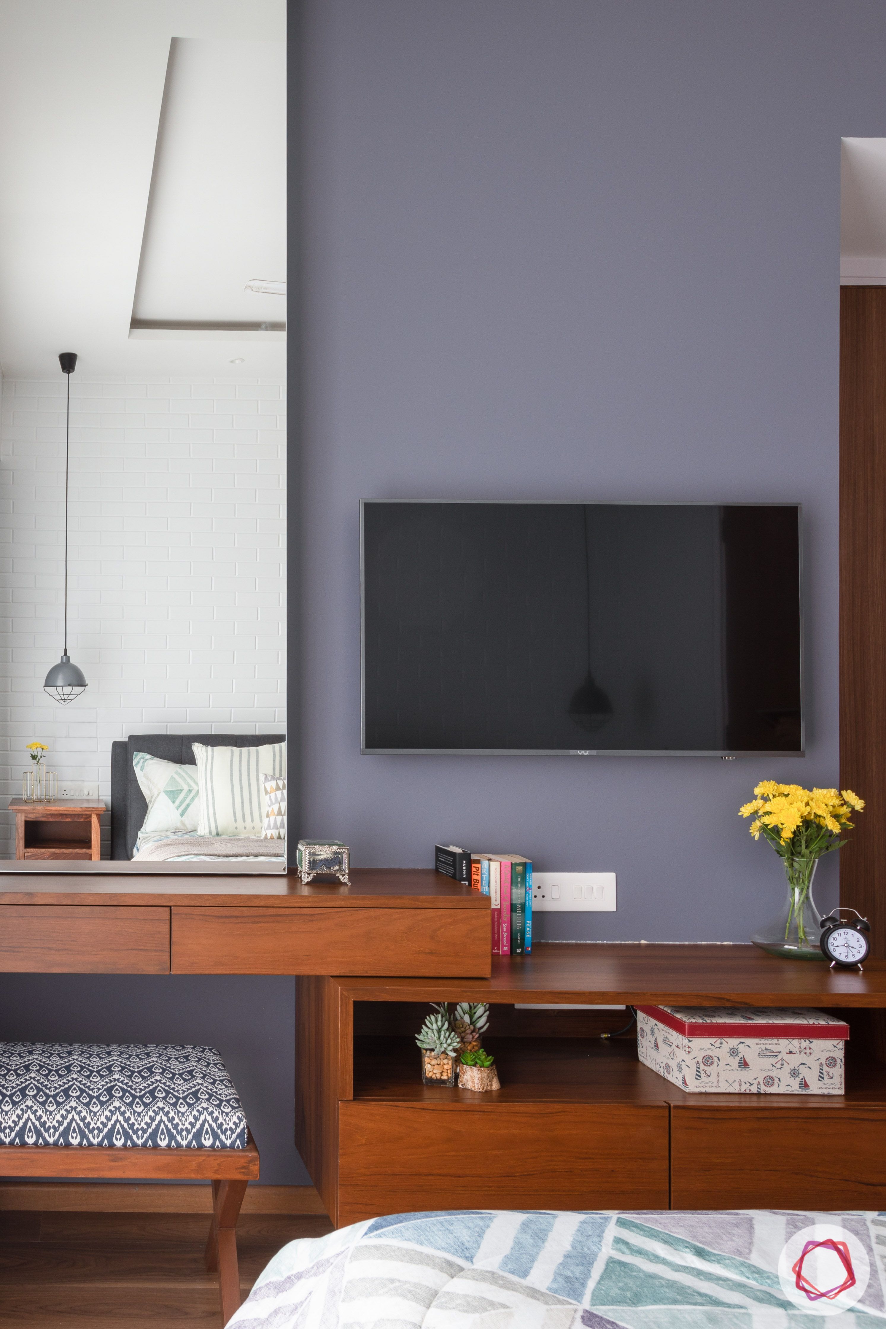 crescent bay-master bedroom-wooden flooring-tv unit-grey wall