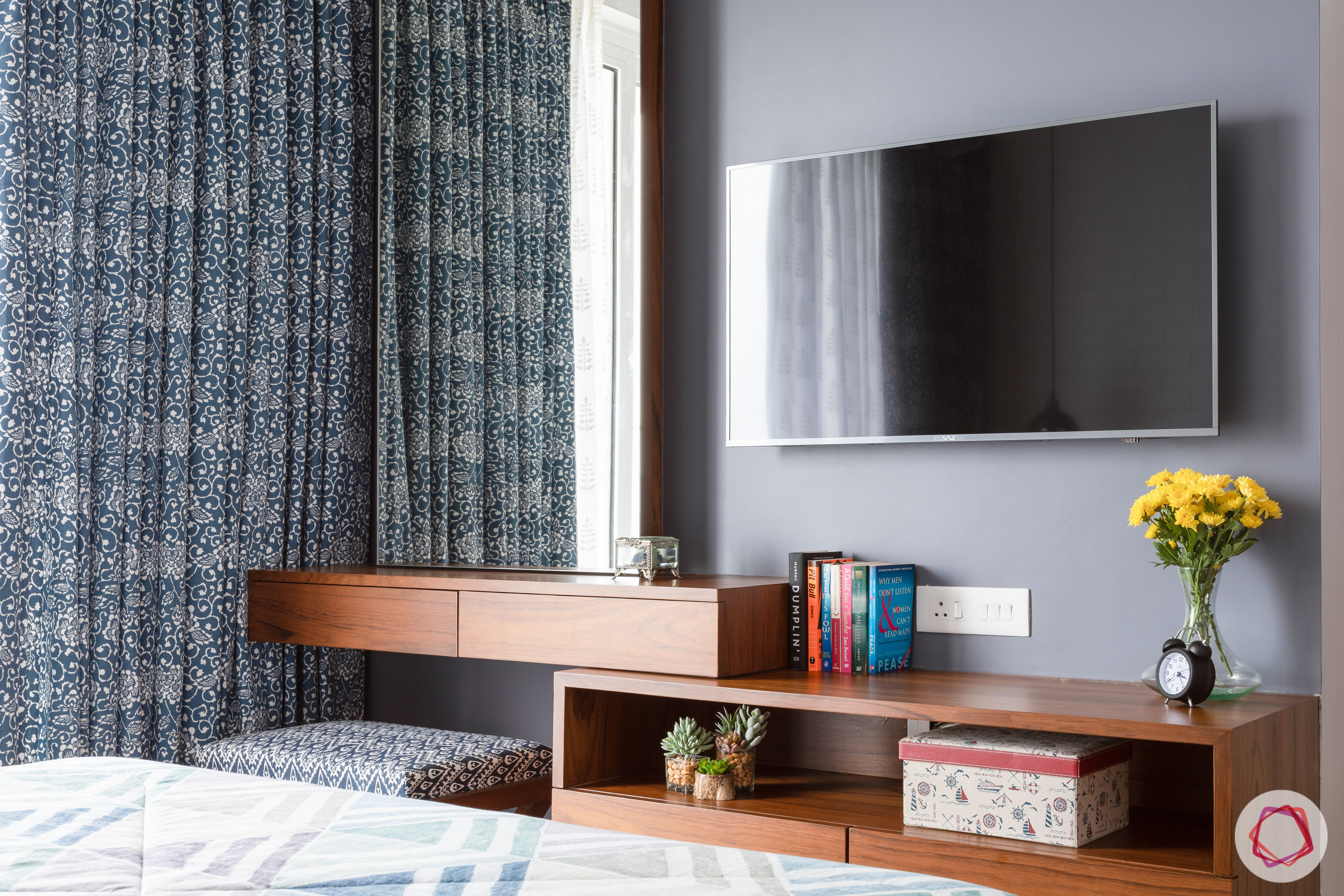 crescent bay-master bedroom-wooden flooring-tv unit-grey wall-dresser