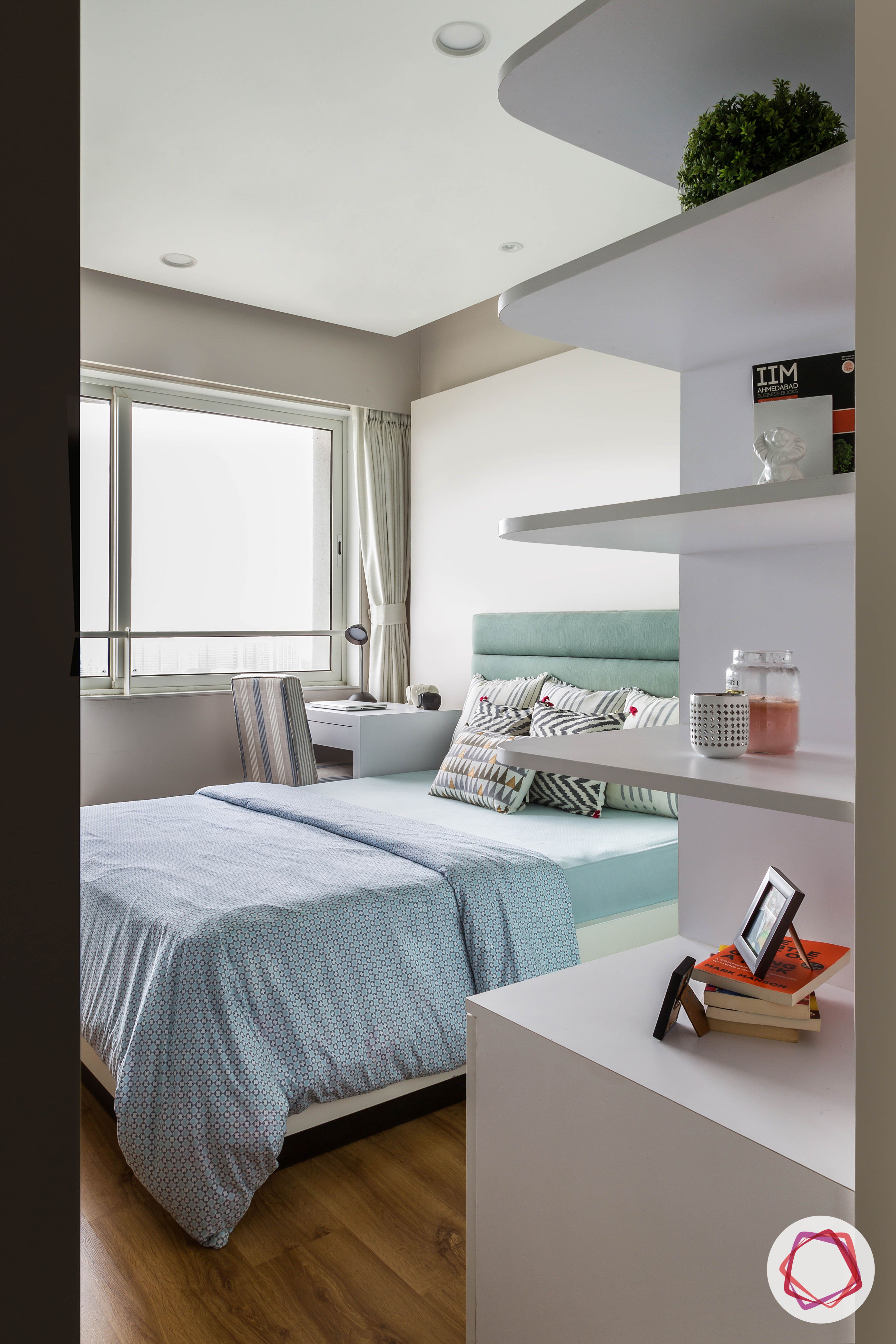 lodha group-simple bedroom designs-white shelves-shelves with wardrobe