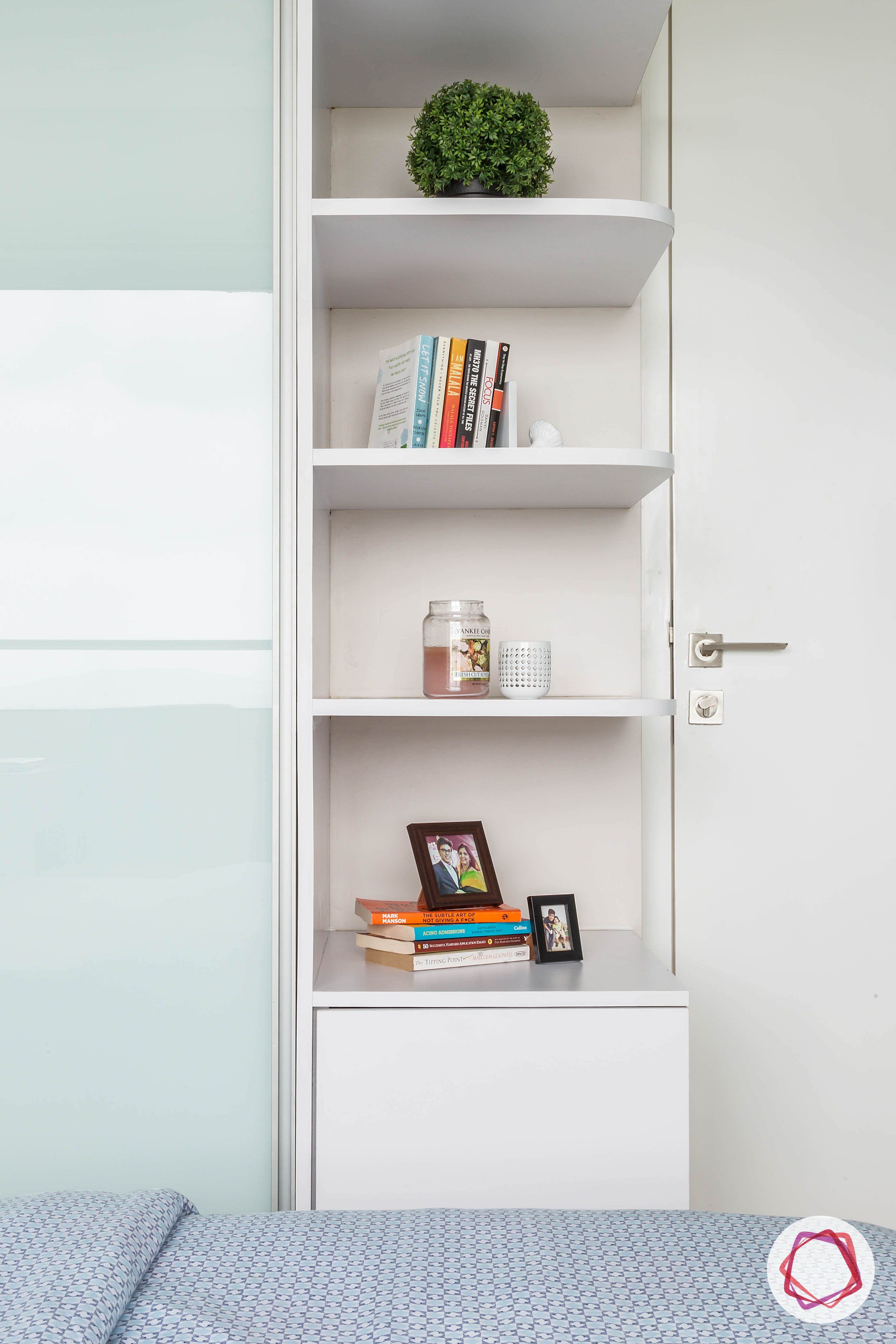 lodha group-simple bedroom designs-white shelves-shelves for bedroom