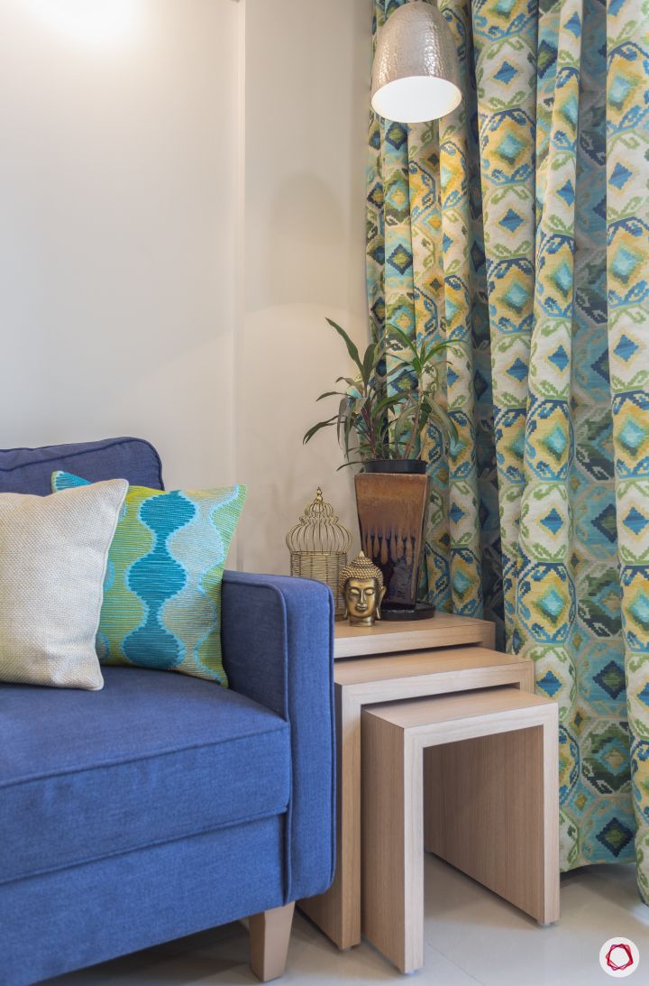 godrej homes-mumbai home-living room-side table-pendant light-printed curtains