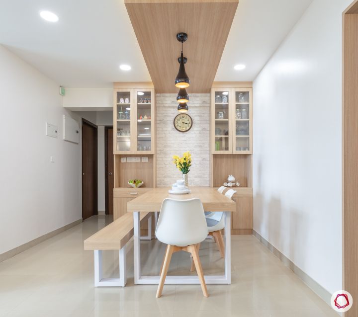 godrej homes-mumbai home-dining room-pendant lights-crockery unit-laminate finish dining table